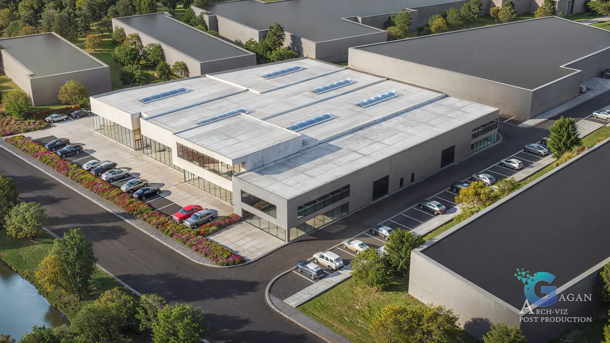 Photorealistic 3D rendering of a modern industrial building complex with a flat roof featuring skylights, large glass windows, surrounding parking lots with parked cars, landscaped greenery with trees, shrubs, and flowers, set within a larger business park, emphasizing architectural visualization and realistic textures dedelco