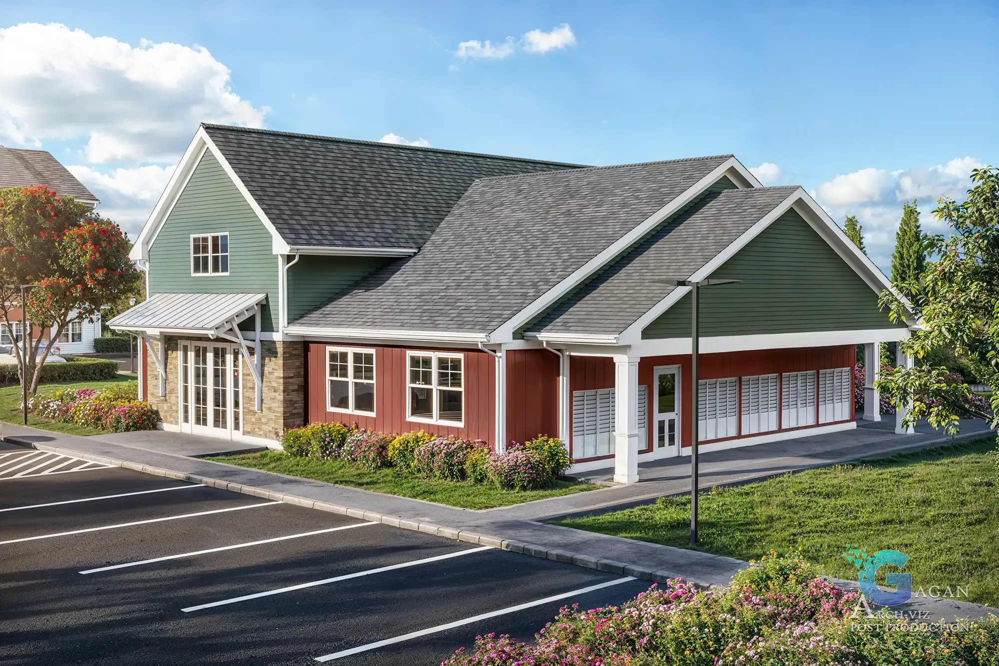 Photorealistic 3D rendering of a modern commercial building featuring green and red exterior walls with white trim, a grey shingled roof, large windows, a stone accent wall, metal awning over the entrance, parking spaces in front, and landscaped surroundings with bushes and flowers, showcasing architectural visualization and realistic textures