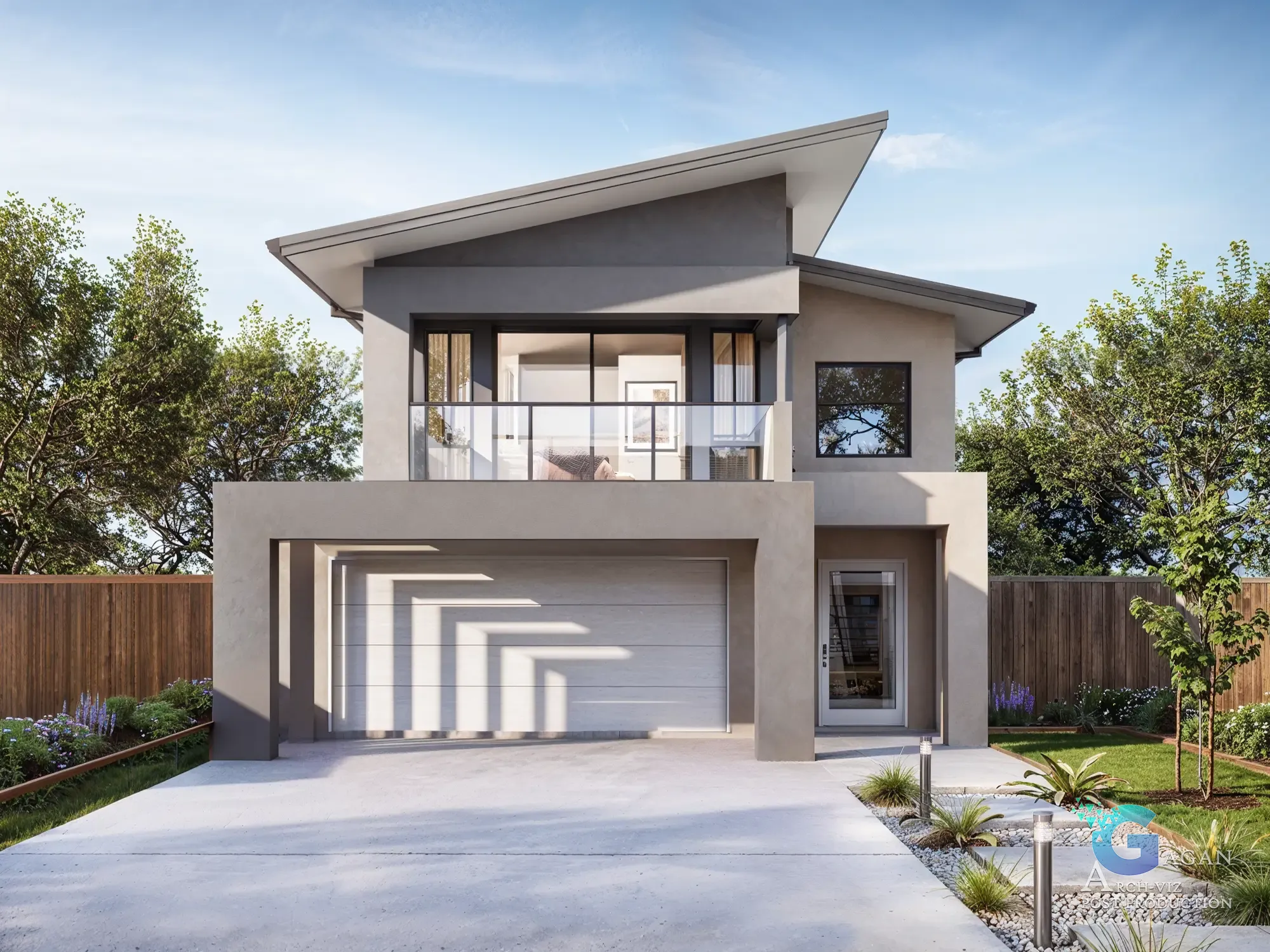 Photorealistic 3D rendering of a contemporary two-story house with a flat roof, angular extension, large glass windows, upper-floor balcony, spacious driveway, white garage door, and a landscaped garden, showcasing modern architectural visualization and realistic textures