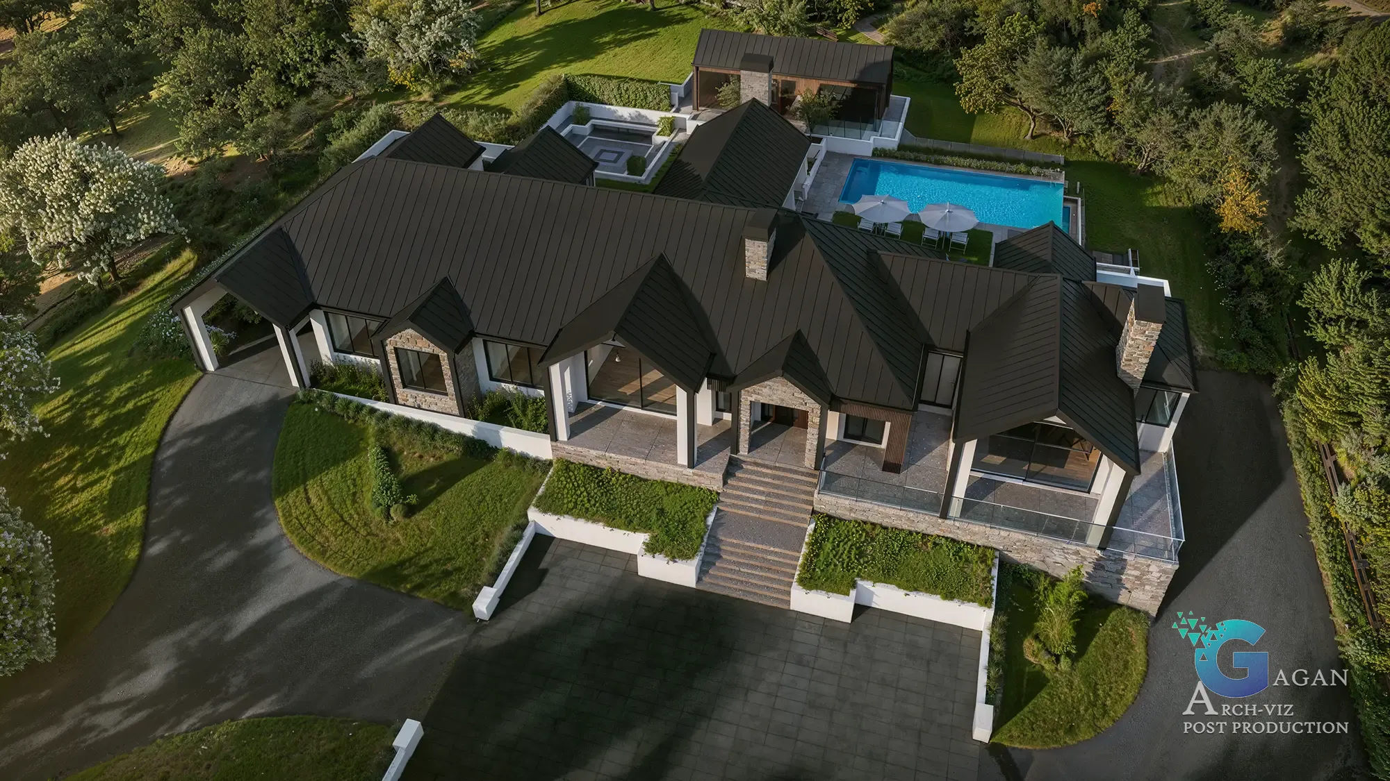 Photorealistic 3D Aerial rendering of a modern multi-gable house with a dark roof, stone facade, large windows, spacious driveway, landscaped lawn, stairs to the main entrance, swimming pool with umbrellas and lounge chairs, surrounded by lush greenery and trees, emphasizing architectural visualization and realistic textures