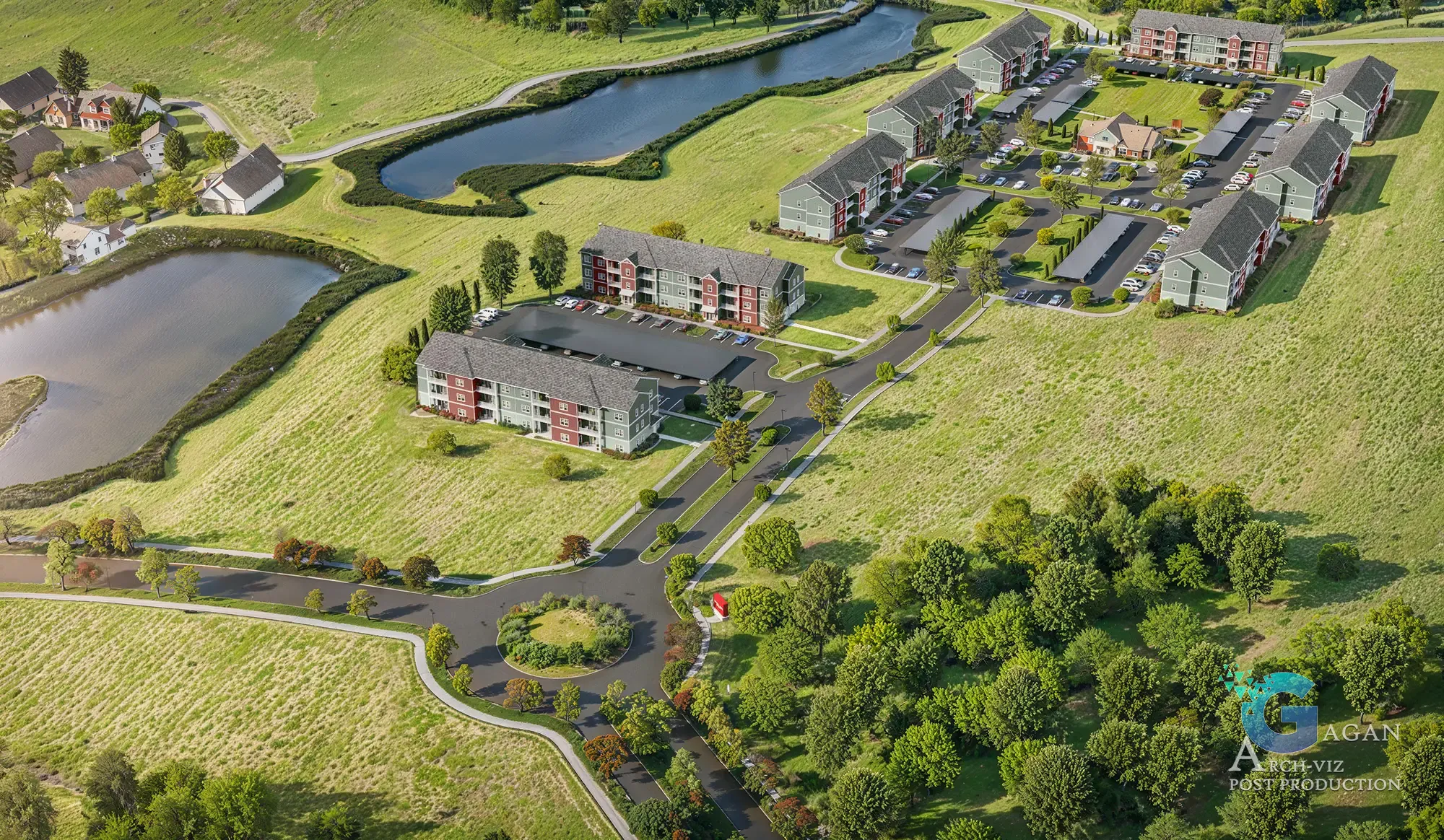 Photorealistic 3D rendering of a modern residential development featuring multi-story apartment buildings in a planned layout with landscaped greenery, ponds, parking lots, and a central roundabout with trees and shrubs, emphasizing realistic architectural visualization and design
