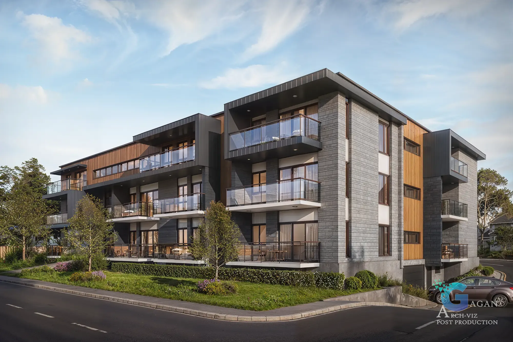 Photorealistic 3D rendering of a modern three-story apartment building with wood and gray stone facade, large glass windows, balconies with transparent railings, landscaped lawn with shrubs and trees, and parked car next to the road, showcasing realistic architectural design and textures