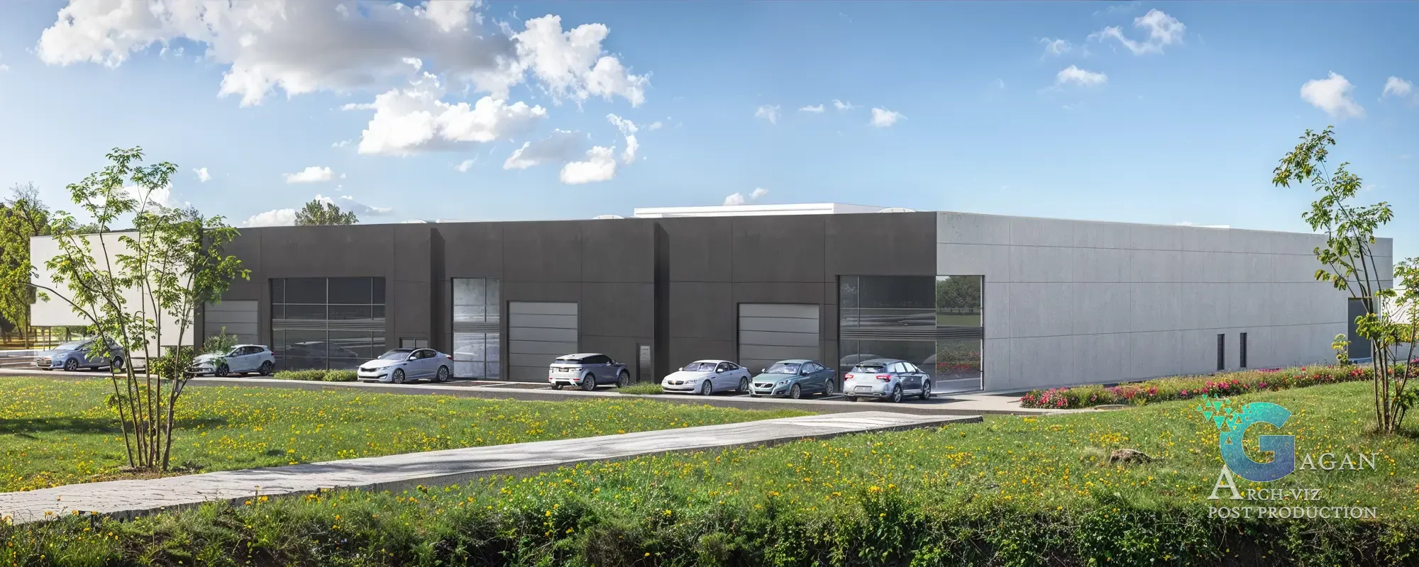 Photorealistic 3D rendering of a modern industrial building featuring a combination of dark and light gray panels, a spacious parking lot with multiple parked cars, well-maintained grassy areas with trees and shrubs, and a clear sky with a few clouds, showcasing architectural visualization and realistic textures