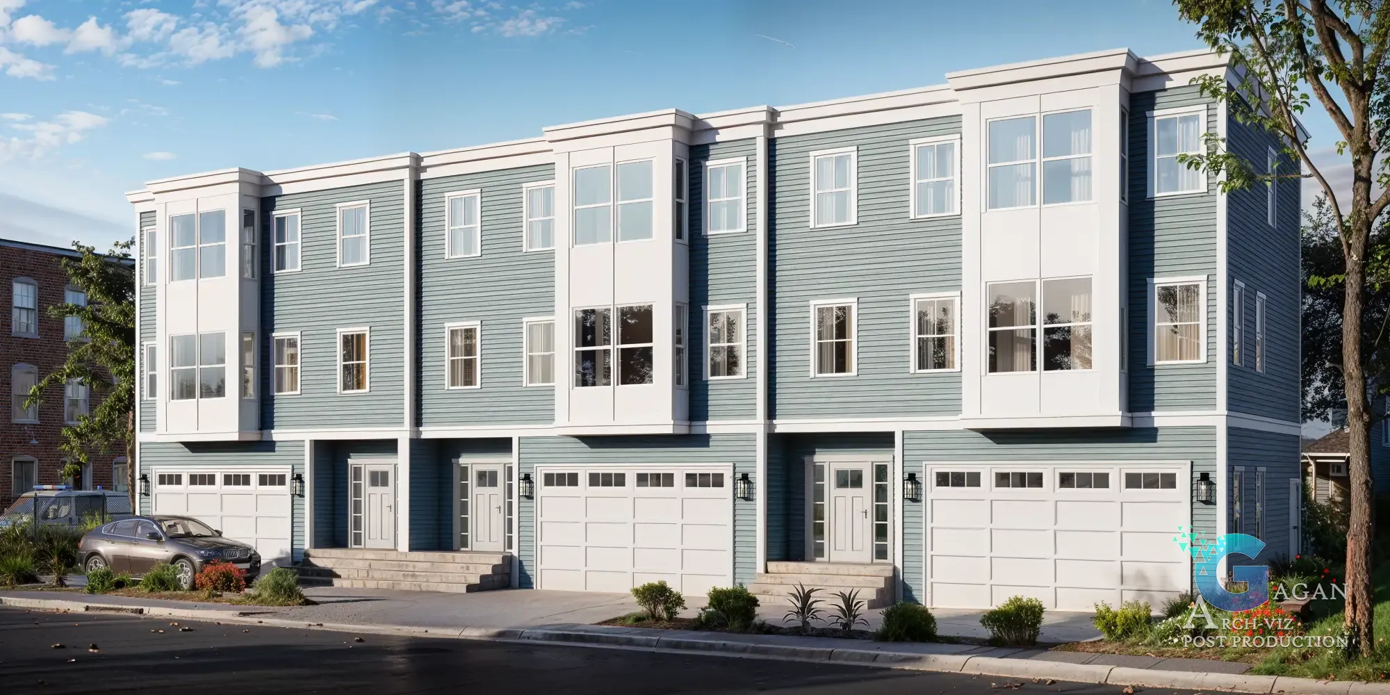 Photorealistic 3D rendering of modern townhouses 47-Mansfield-St featuring blue and white facades, clean contemporary architectural design with large windows, garages, and front entrances, surrounded by landscaped shrubs and a sunny clear sky, emphasizing realistic textures and architectural visualization