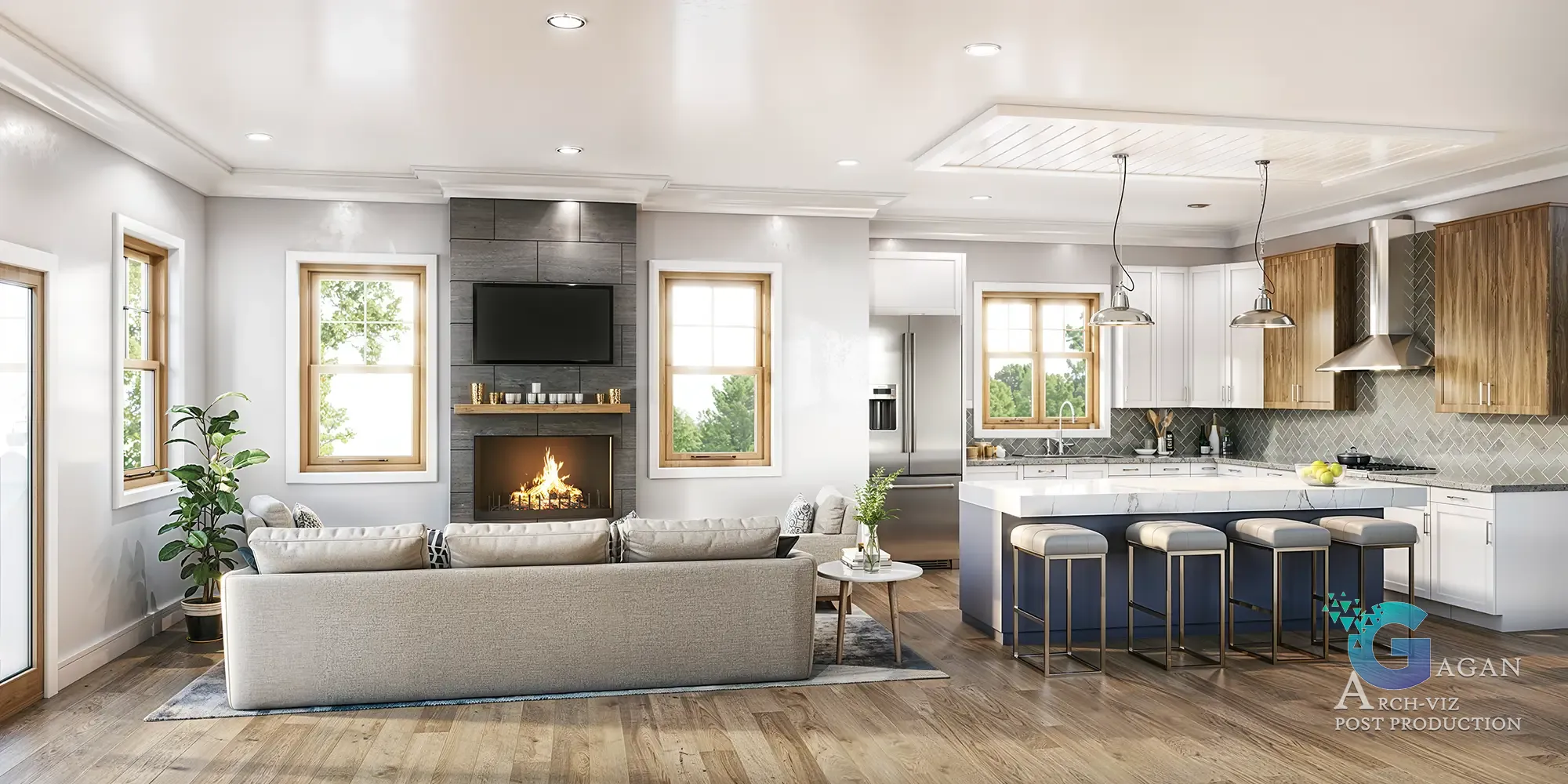 705 Hammond St Chestnut Hill MA Archviz 3d Render white wall, beige sofa, wooden window, sunlight coming from windows