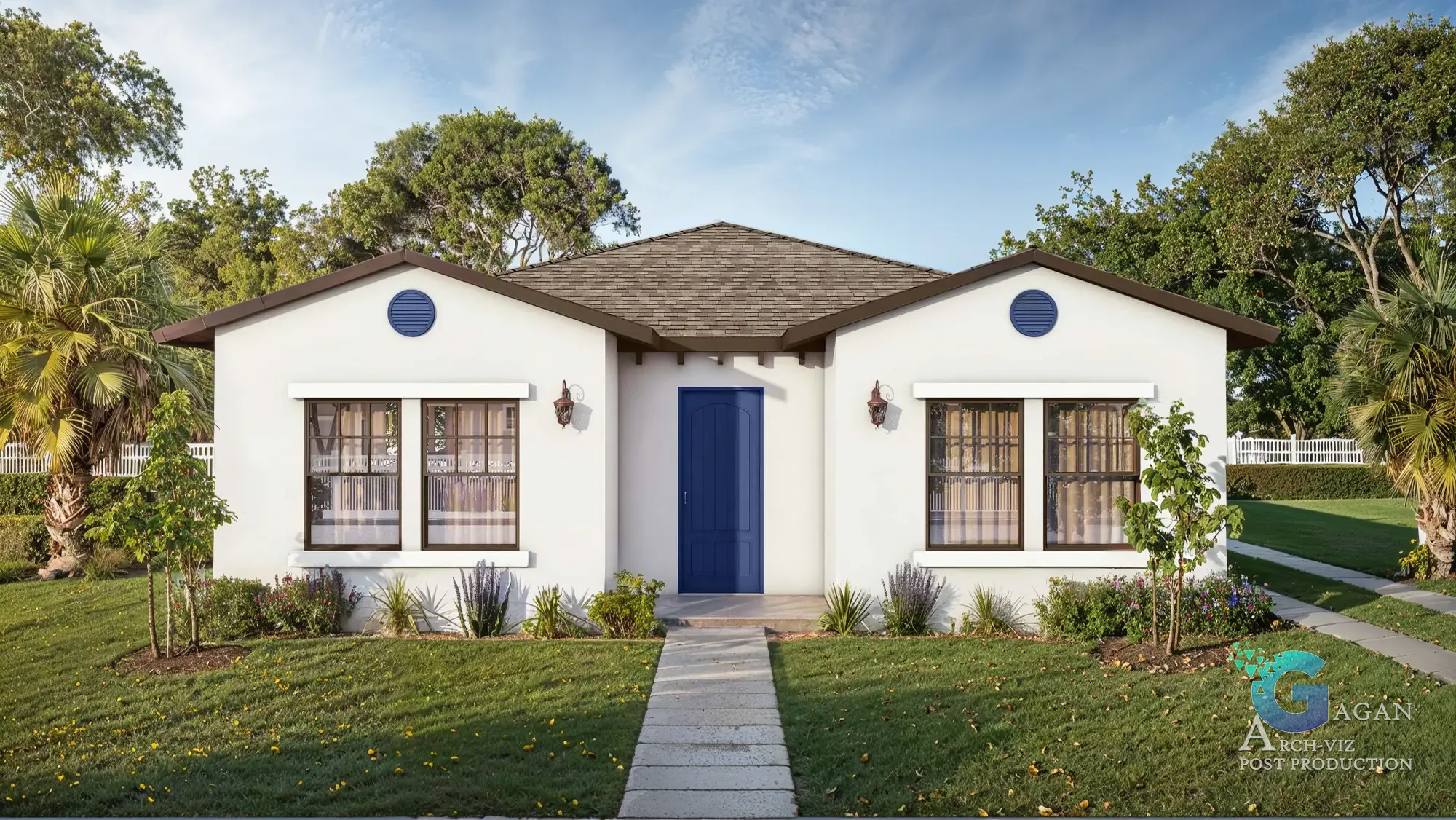Photorealistic 3D rendering of a small, single-story house 7606-South-Olive-Ave-home with white walls, a brown shingled roof, blue central door, circular vents, flanking windows, landscaped lawn with palm trees and shrubs, and a concrete pathway leading to the entrance, showcasing architectural visualization and realistic textures