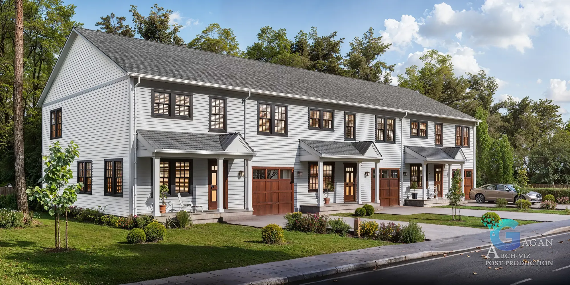 Photorealistic 3D rendering of modern townhouses 90-Maple-St with white siding, dark brown garage doors, triangular porch overhangs, landscaped front yards with grass and shrubs, surrounded by tall trees and a partly cloudy sky, showcasing realistic architectural visualization and design.