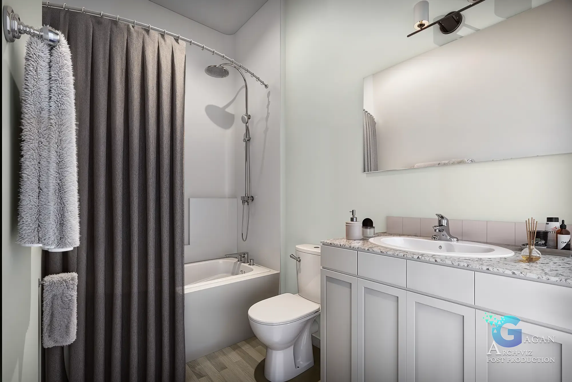 3d interior rendering of bathroom aspen apartment with minimal look white walls