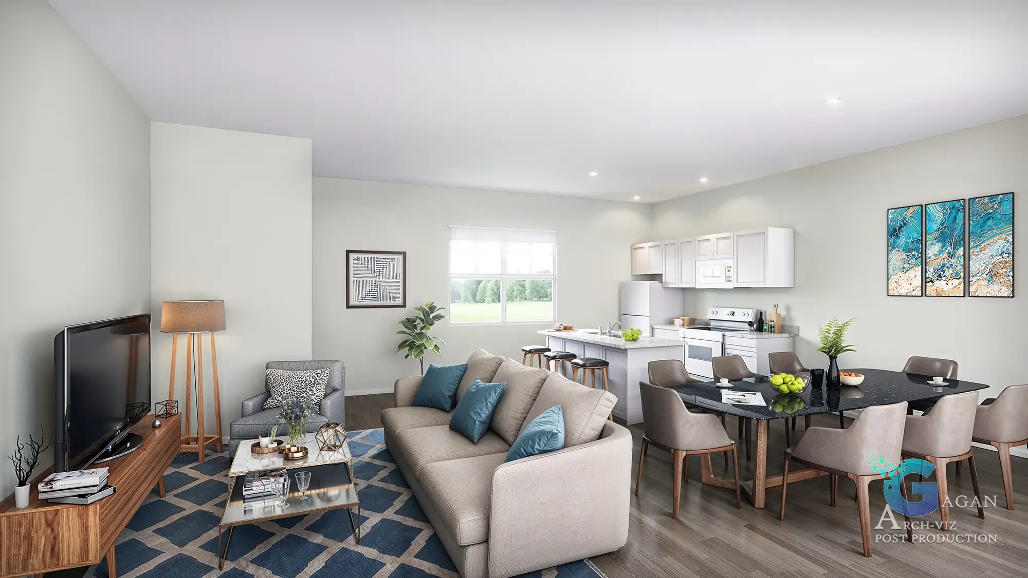 3D interior apartment complex rendering in Greenville Michigan, with beige sofa, blue carper, dining table, white walls and kitchen marble