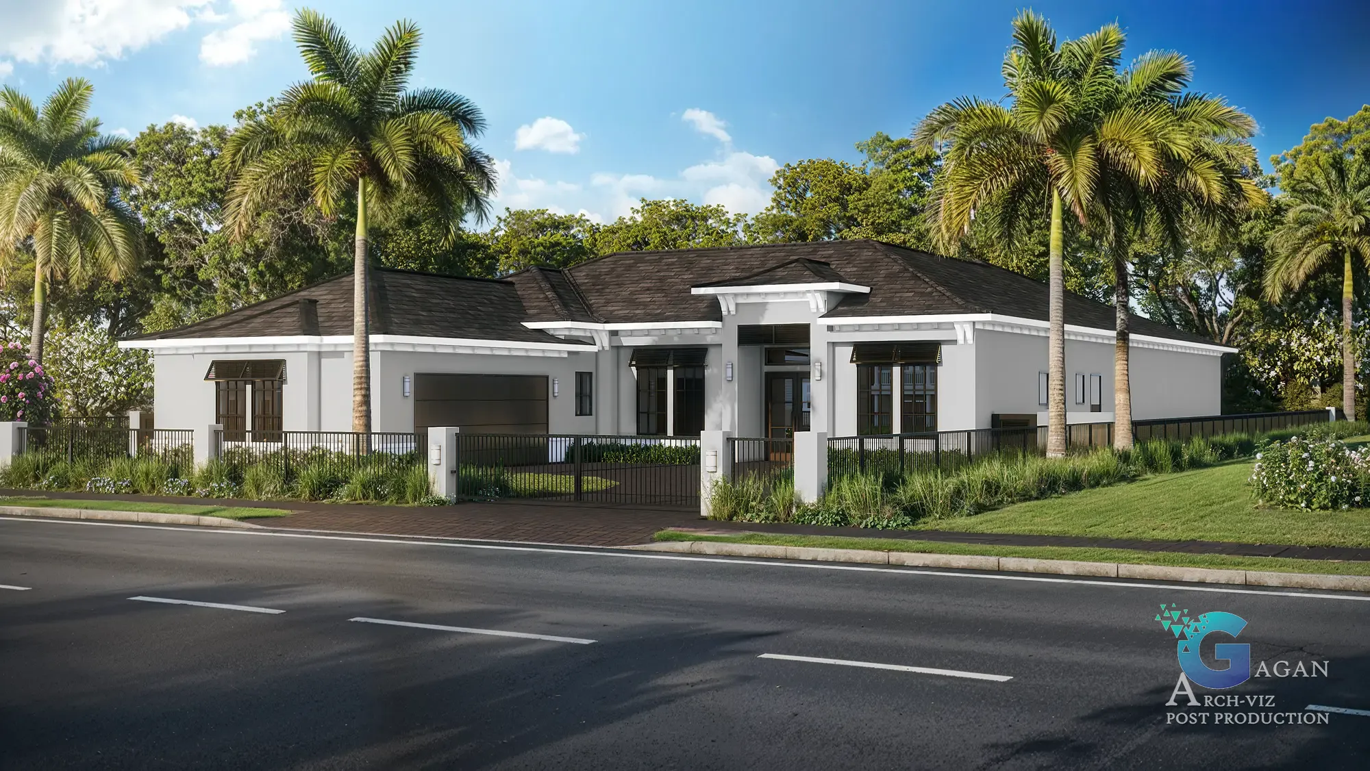 3D render of a contemporary two-story house with a flat roof, large glass windows, white plaster exterior, wooden cladding accents, landscaped lawn, realistic textures, and photorealistic architectural visualization