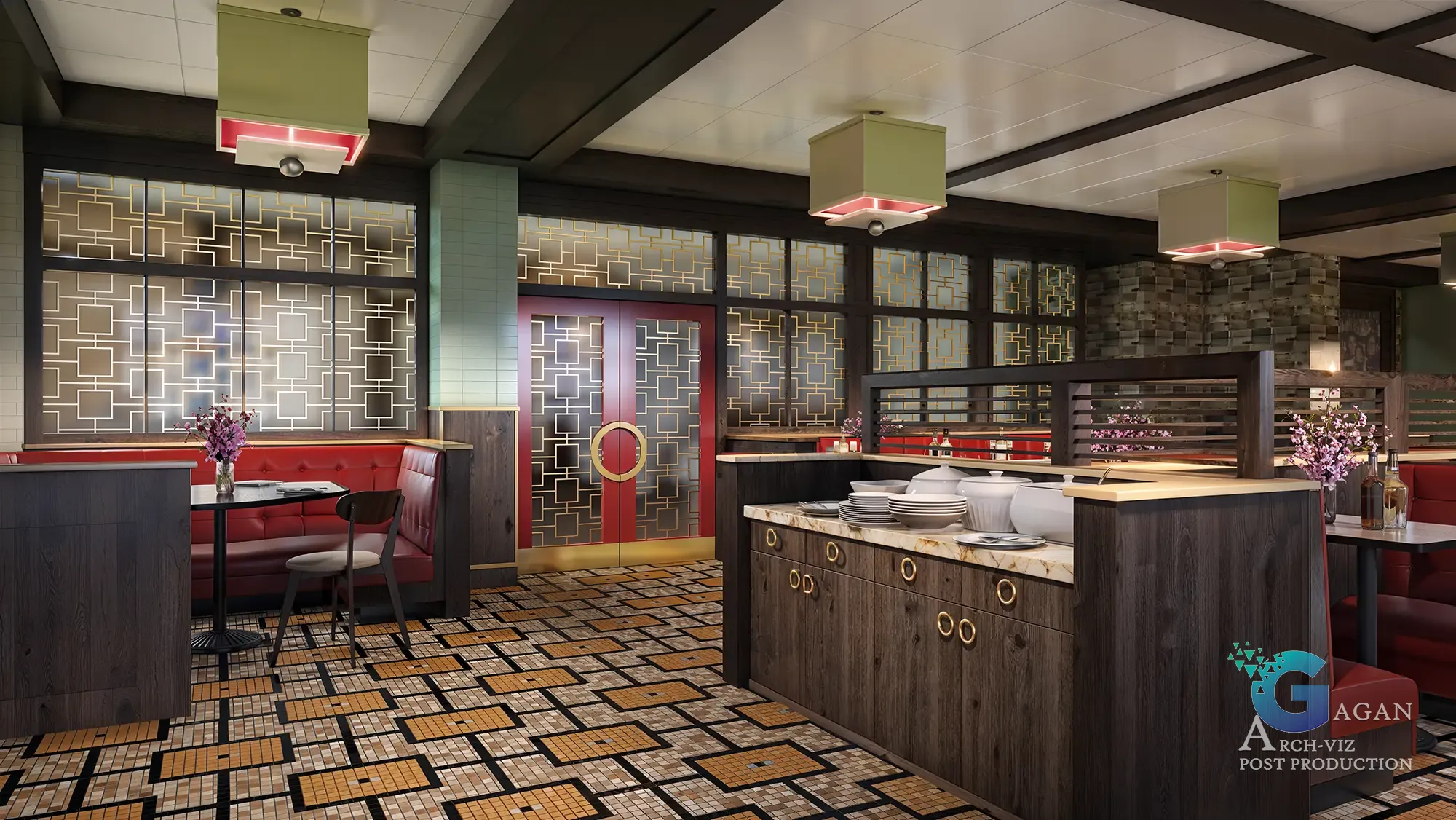 Interior rendering of a stylish restaurant Asia Grille with red upholstered booth seating, wooden partitions, geometric wall panels, patterned tile flooring, decorative vases, square ceiling lights, and an inviting double-door entrance with circular handles and glass accents. Crafted with meticulous architectural detailing for realism