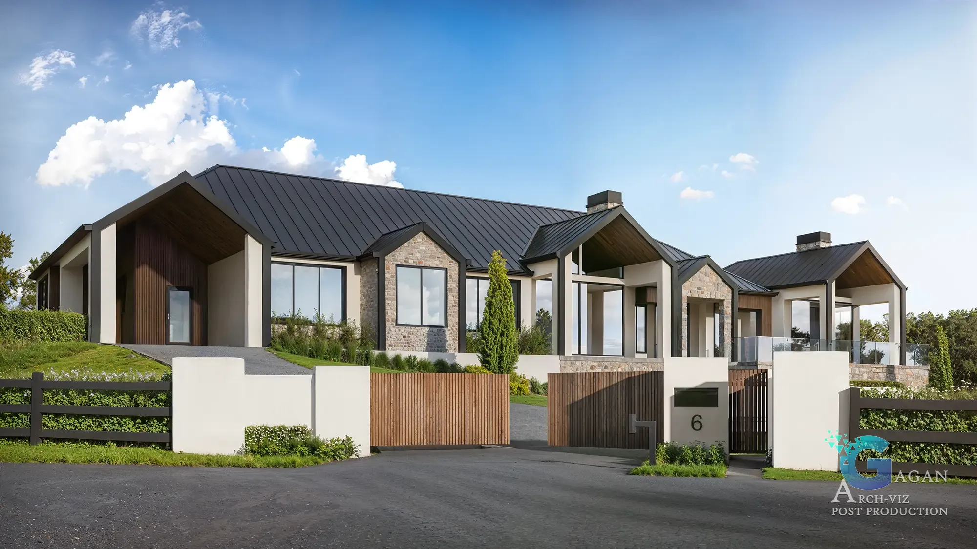 3D render of a modern house with a dark multi-gable roof, stone and white plaster exterior walls, large windows, a wooden entrance gate, and lush landscaping with bushes and trees, set on a sunny day with a clear sky