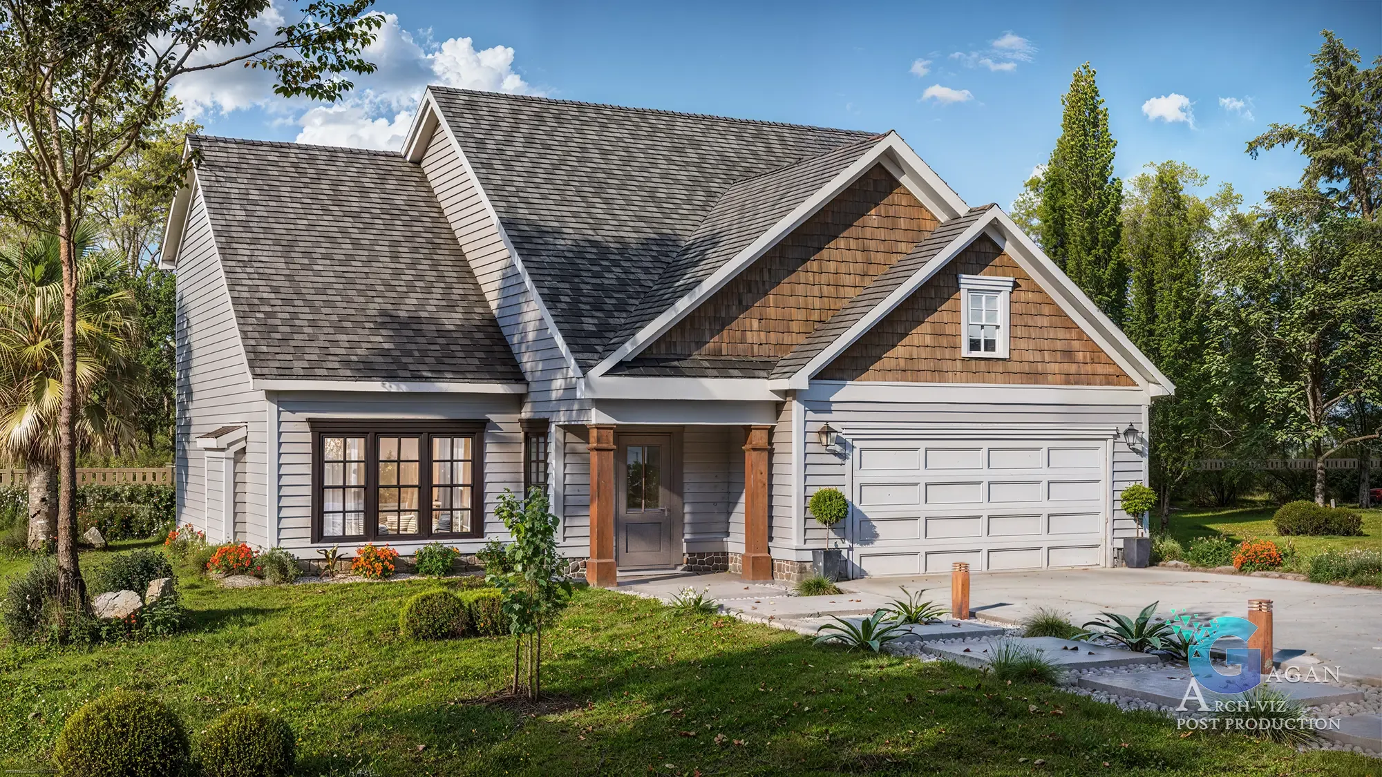 3D render of a modern suburban house with a grey exterior, shingled roof, large windows, two-car garage, paved driveway, landscaped front yard with palm tree, and well-maintained shrubs, set against a clear sky