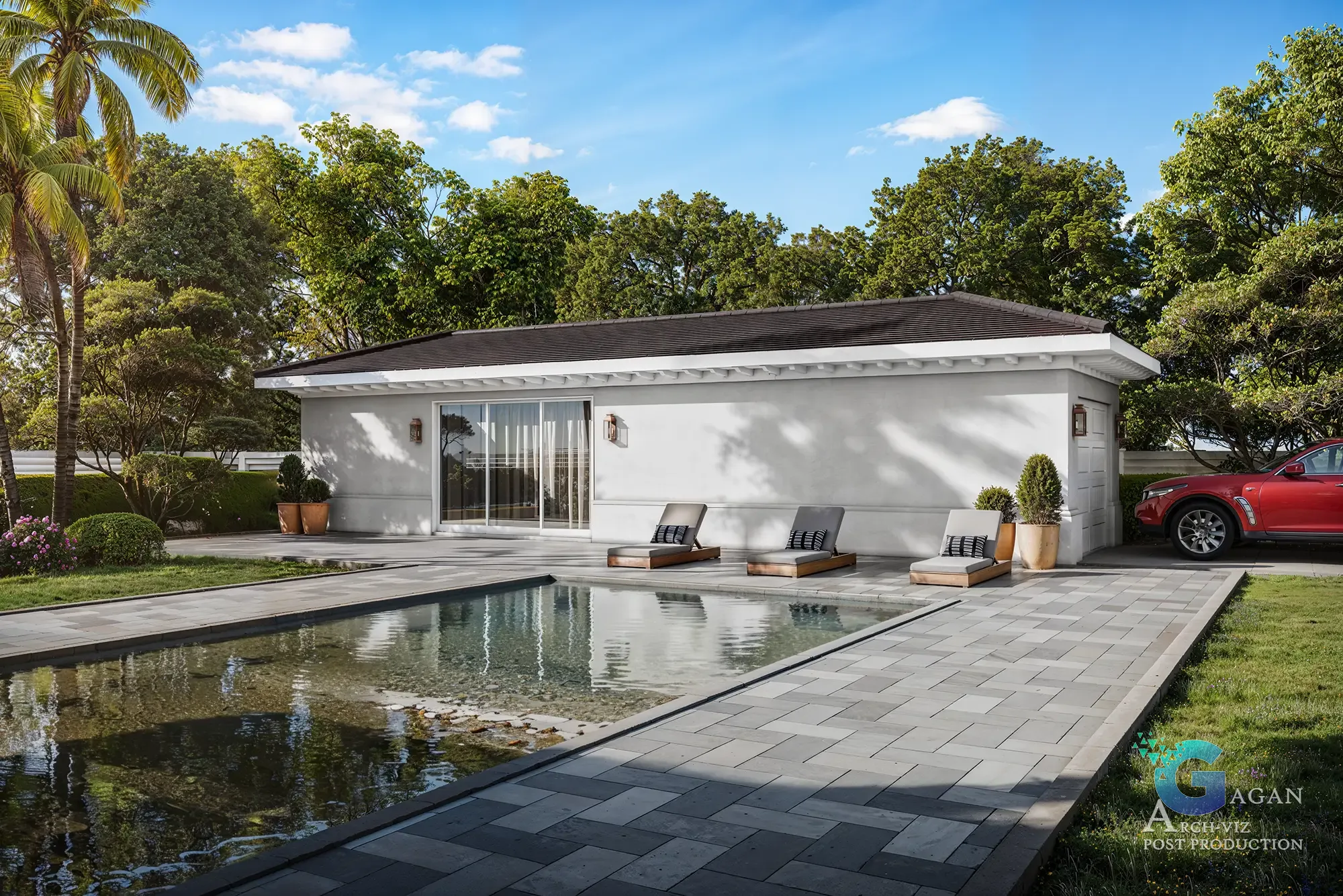 3D render of a modern two-story house with a flat roof, large glass windows, wooden paneling, stone cladding, landscaped yard, and photorealistic textures in architectural design.