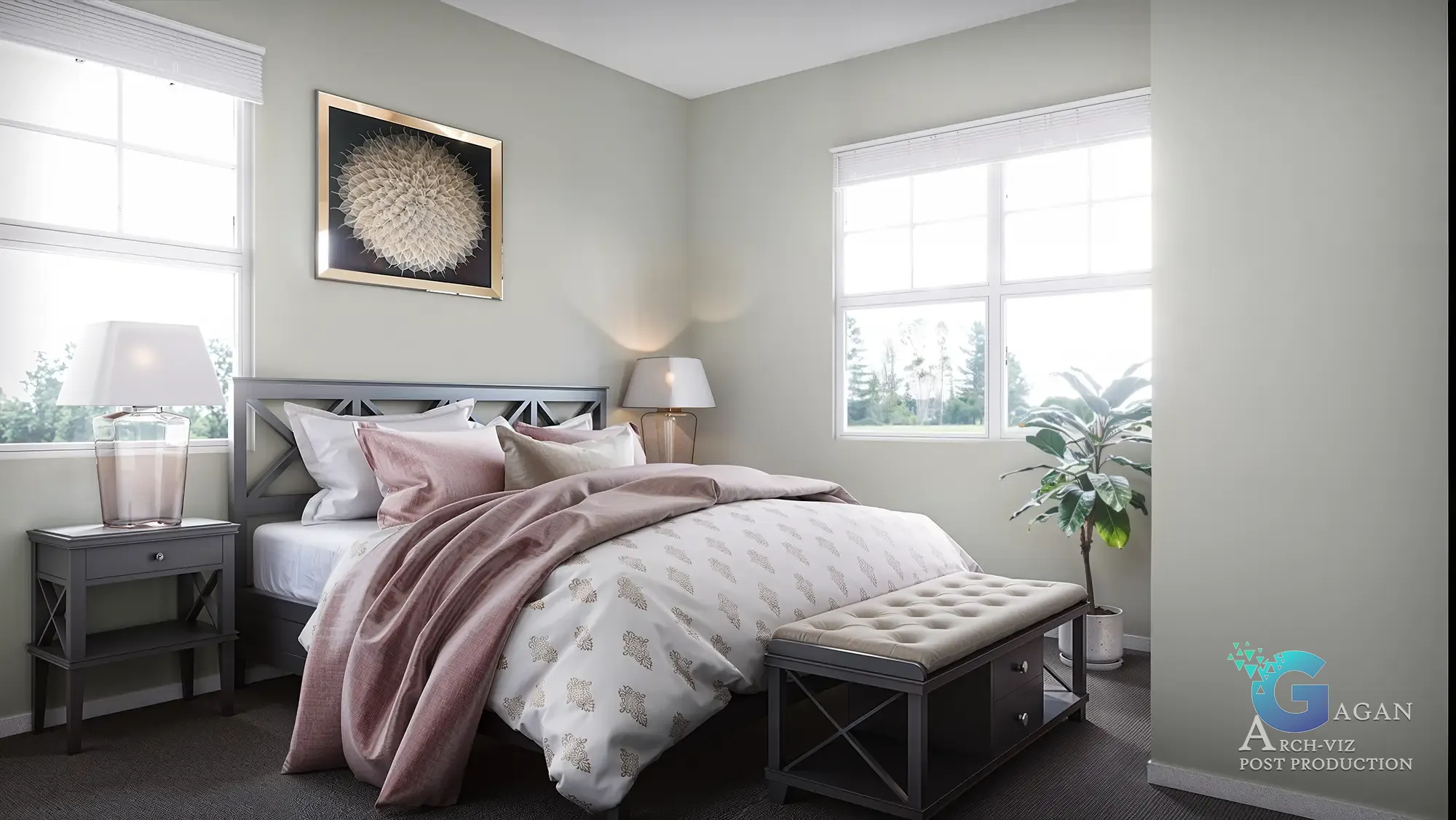 Bedroom Design Minimal Decor 3d Render bed in the middle, natural sun light coming from big window