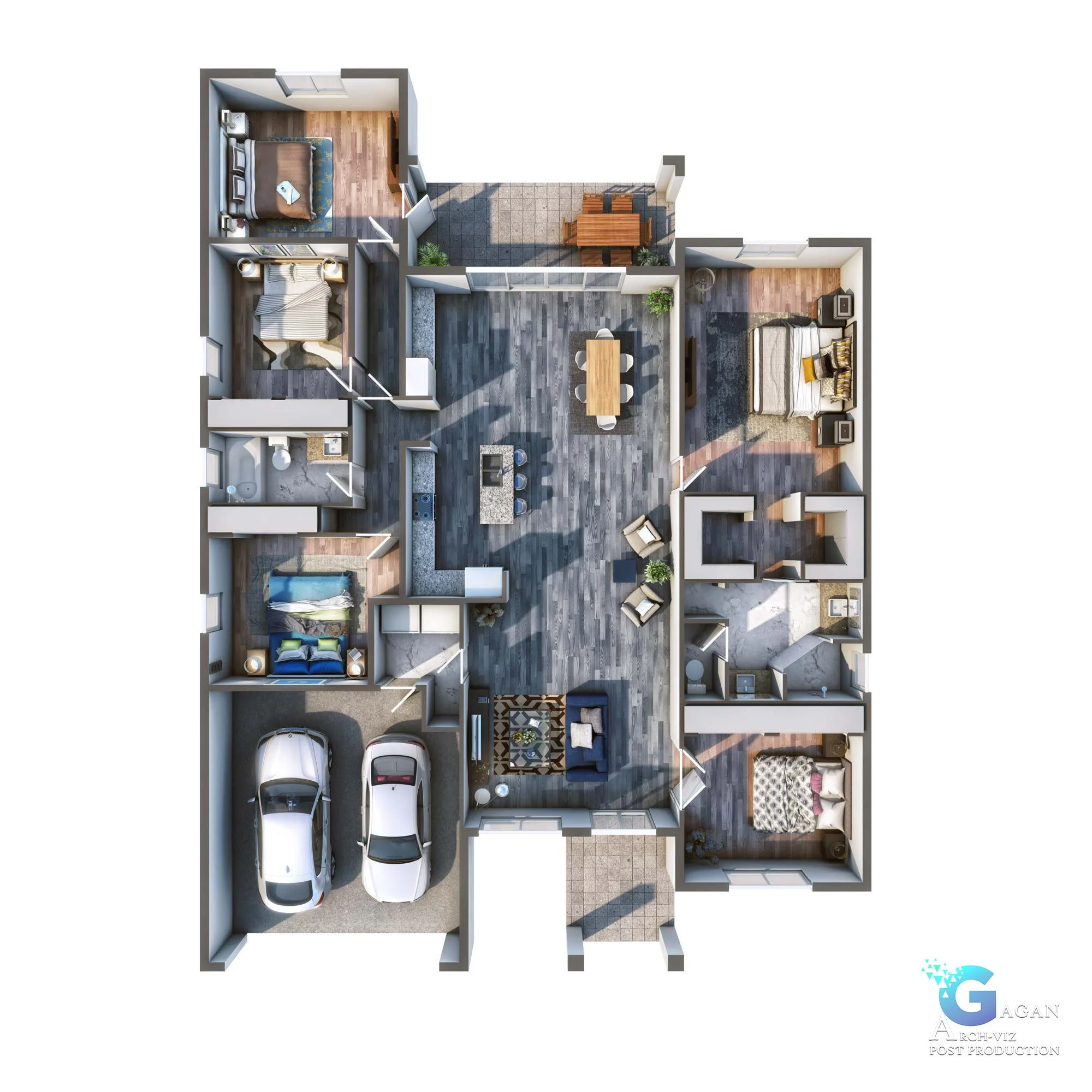 3d rendering Detailed house floor plan with labeled bedrooms, bathrooms, living area, kitchen, laundry, garage, and outdoor patio. in Bridgehampton, Vero beach