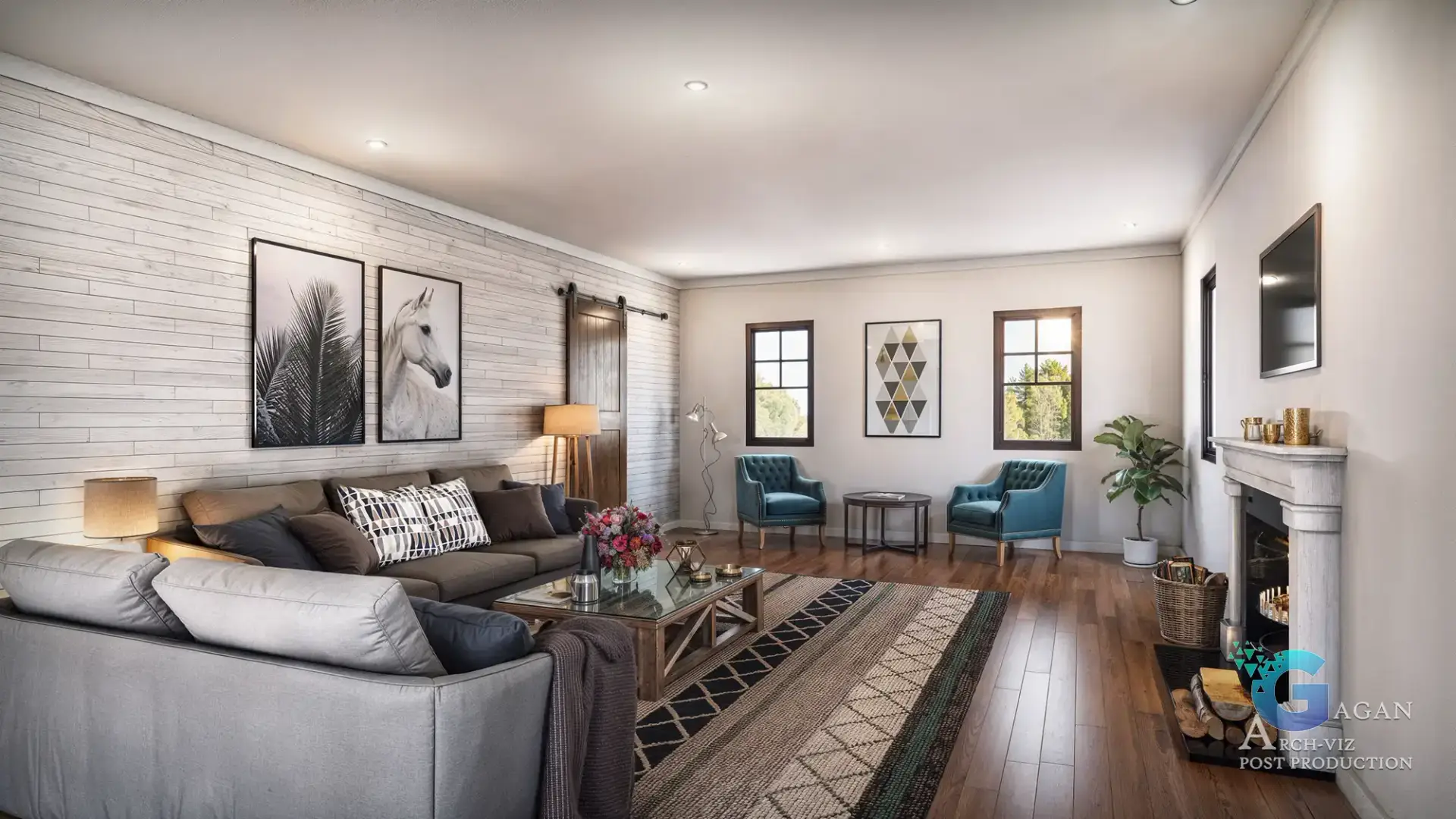 living room 3d interior rendering in Brooklyn with wooden flooring, designer sofa set