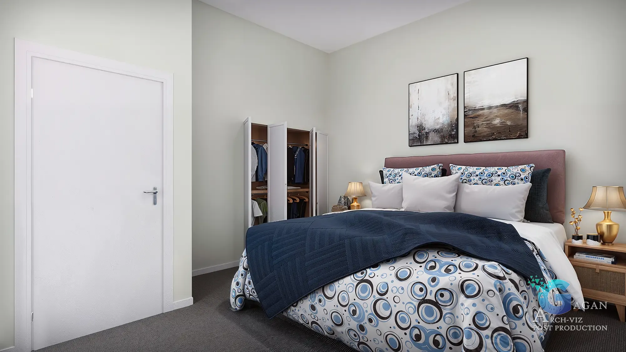 Cgi For Real Estate Property interior rendering, blue bedding, white wall, painting on walls, large door, lamps on beside bed