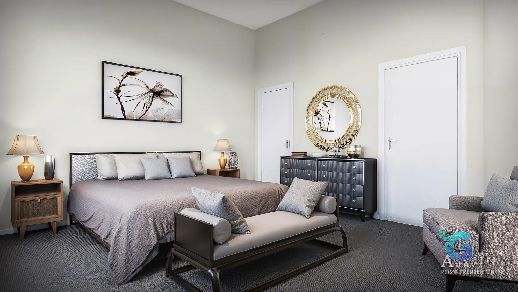 Photorealistic 3D render of an elegant bedroom Central-Park Apartments in Greenville featuring a large bed with gray and white bedding, abstract floral artwork above the bed, dual wooden nightstands with lamps, a round gold-framed mirror on a dresser, and a bench with cushions, emphasizing neutral tones and realistic textures.