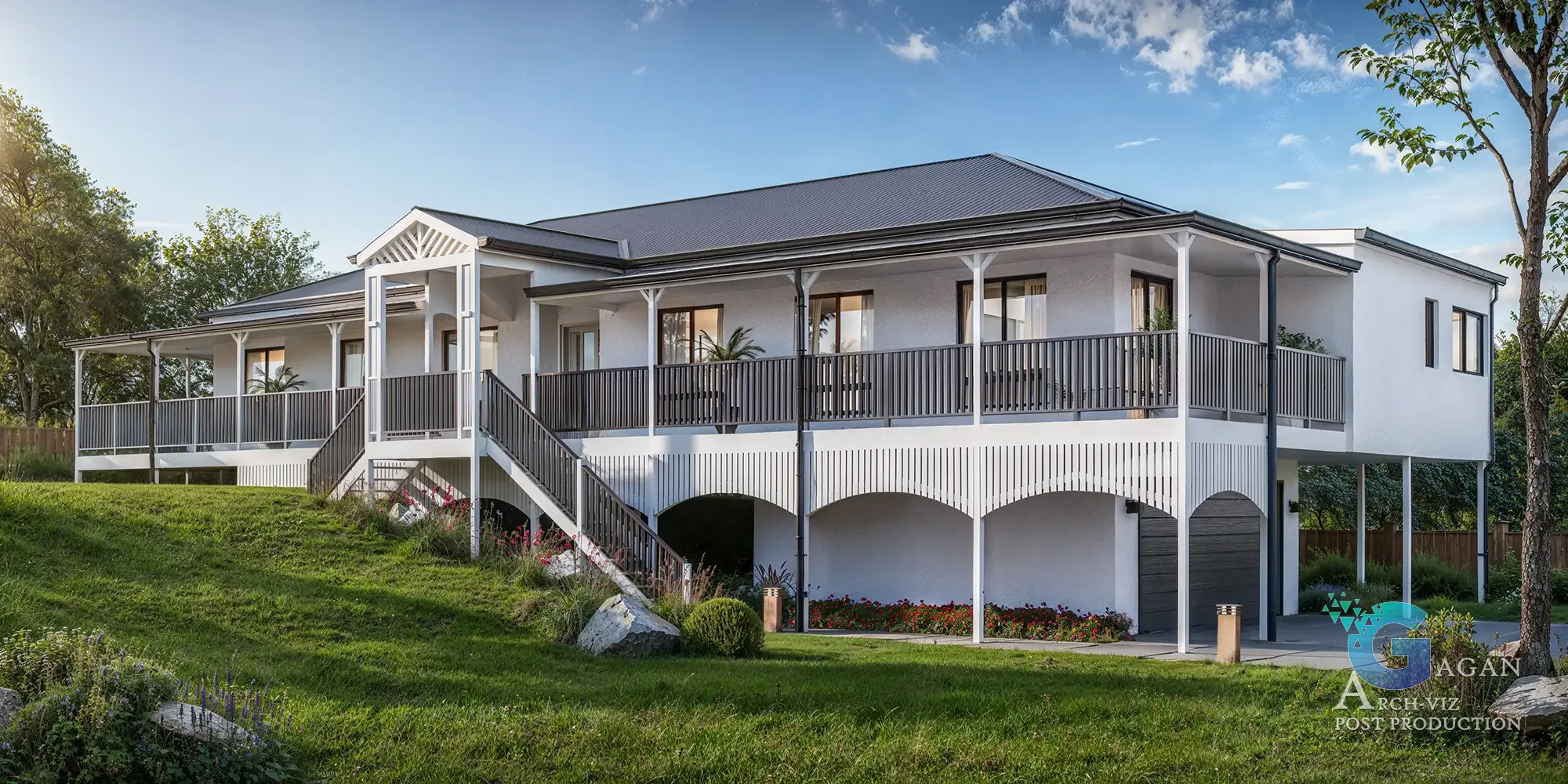 3D render of a modern raised house with a white exterior, dark grey roof, wraparound porch supported by columns, arched openings beneath, landscaped lawn, realistic textures, innovative design, and architectural visualization