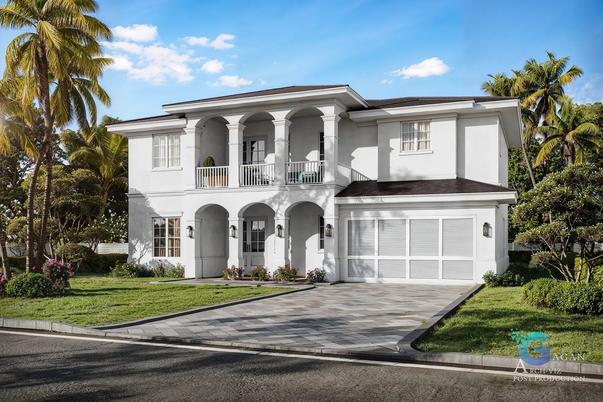 3D render of a white two-story house in Church-Hill with a column-supported archway entrance, balcony, large driveway, garage, landscaped lawn, and palm trees on a sunny day. yates