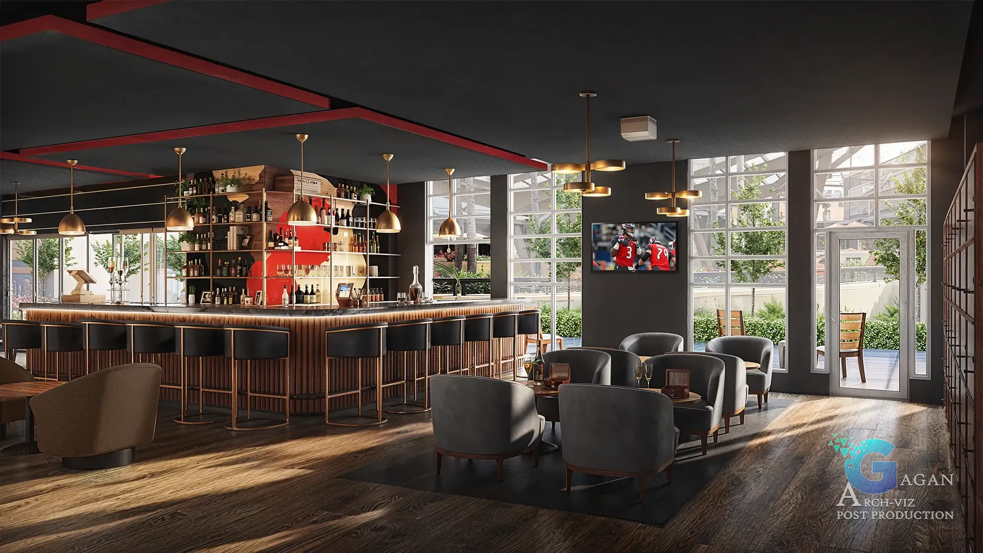 Photorealistic 3D render of a modern bar/lounge interior with a central bar, glass and bottle display, lined-up bar stools, round tables with armchairs, large windows for natural light, pendant lighting, and a sports game on a wall-mounted TV. Realistic textures and lighting