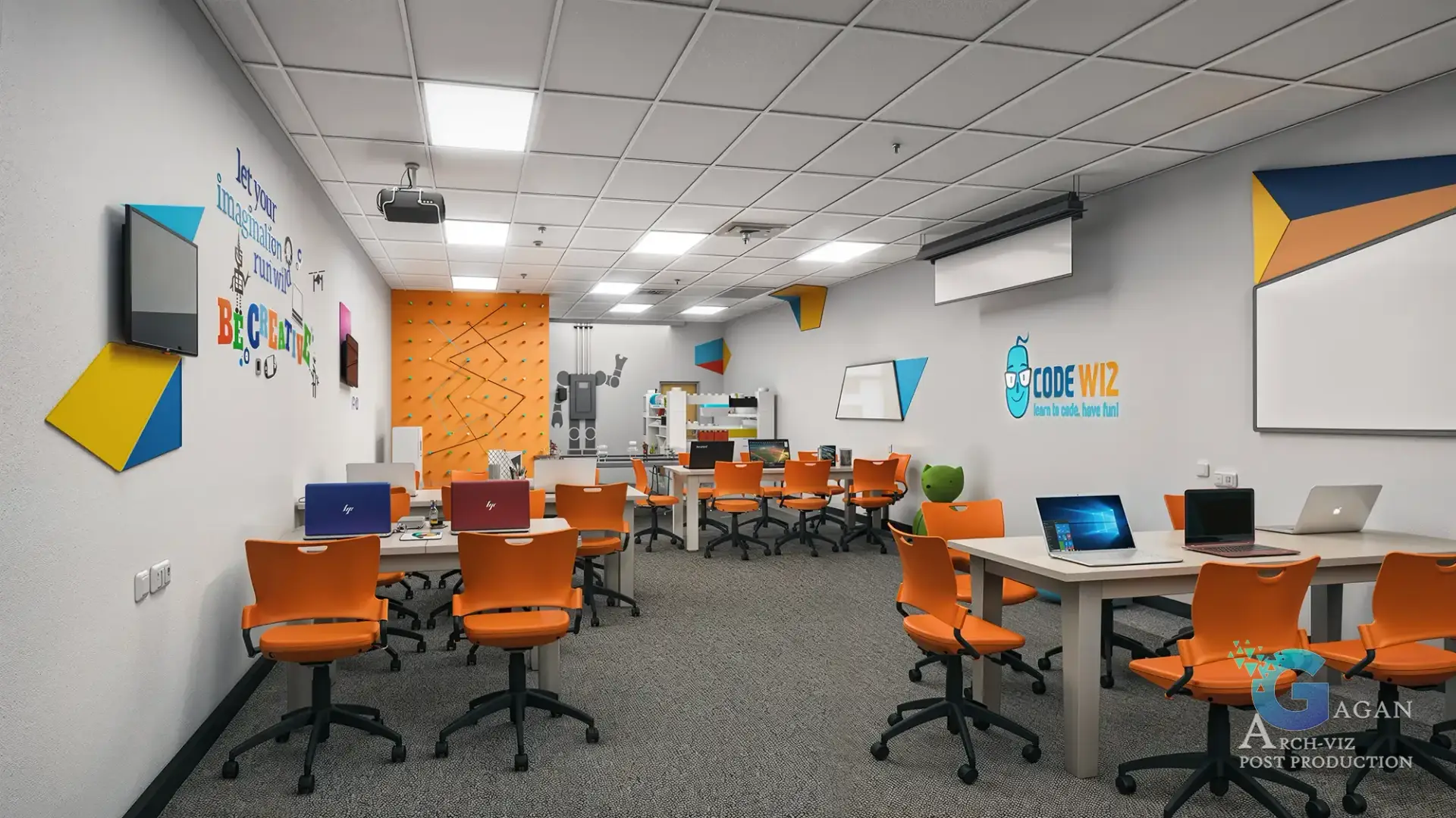 Modern coding classroom with colorful decor, orange chairs, and laptops, designed for interactive learning and creativity, enhanced with architectural visualization post-production.