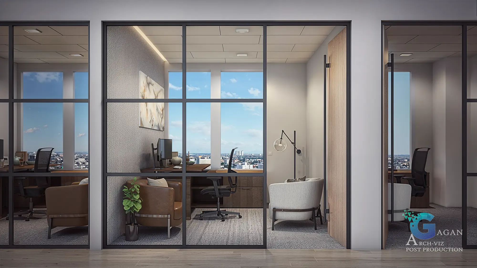 Commercial Office Space Interior Rendering with cabins, office chairs, and luxury sofa