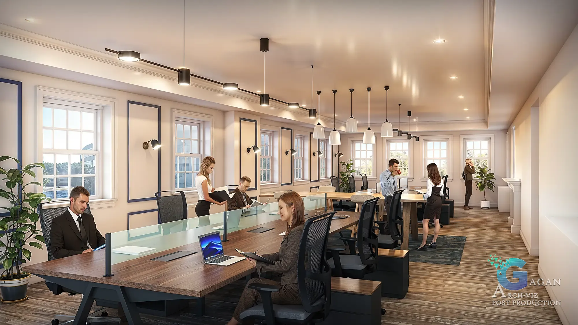 3D architectural rendering of a modern office workspace featuring a long wooden table with glass partitions, ergonomic chairs, laptops, pendant lighting, recessed lighting, and natural greenery, designed to enhance productivity and aesthetics.