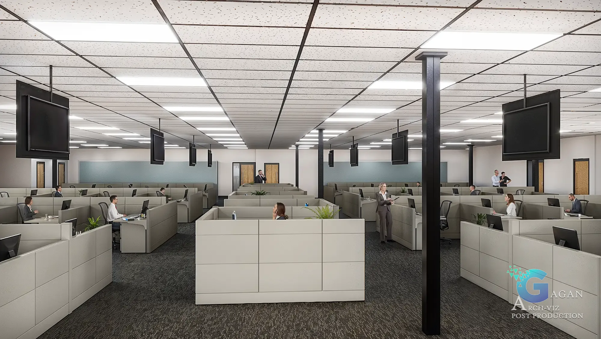 Corporate Interior Realty 3d Rendering people working on desk, celling with lights on