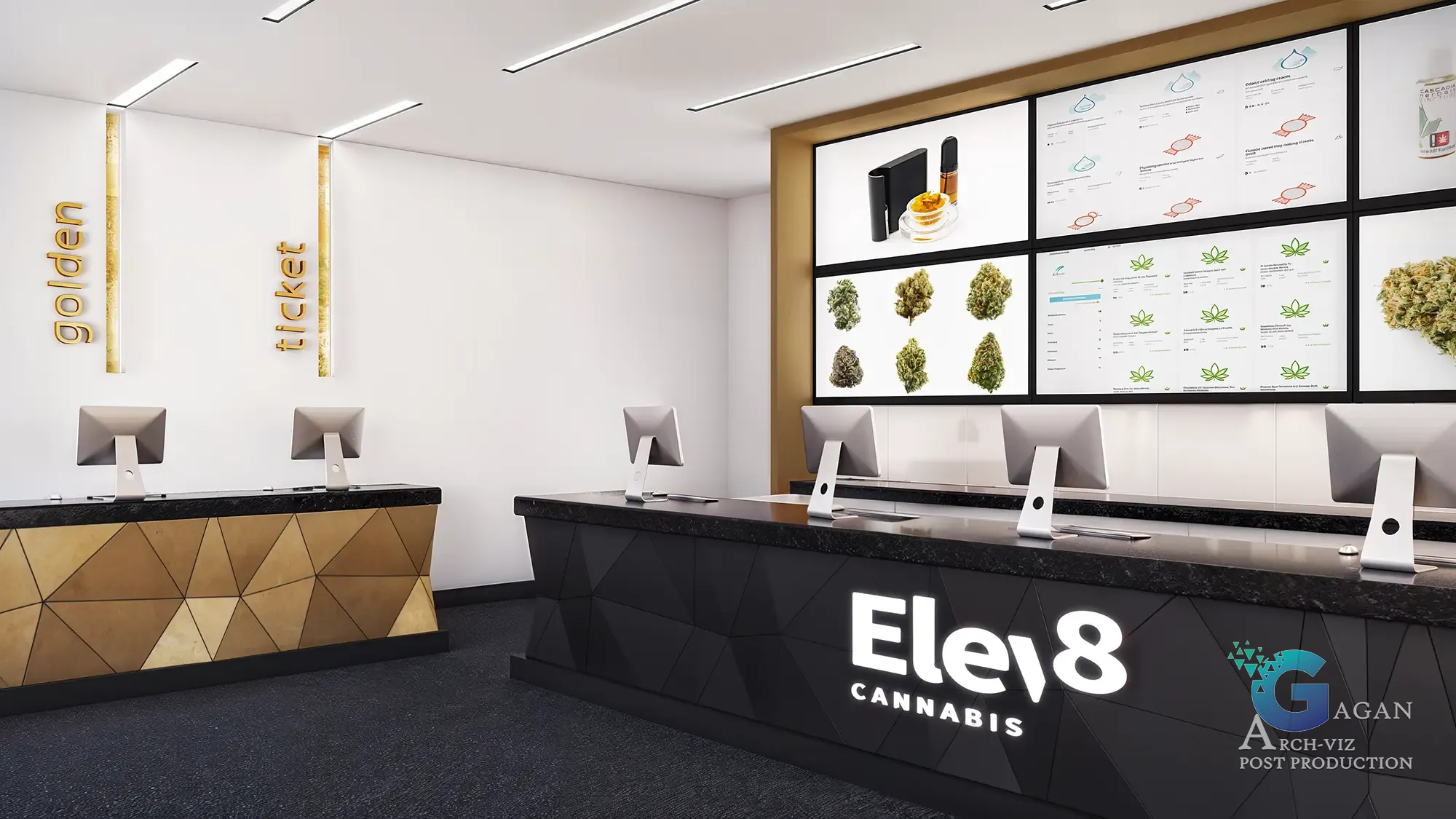 Photorealistic 3D rendering of the interior of a cannabis dispensary named 'Elev8 Cannabis,' showcasing modern geometric counter design in brown and black shades, illuminated signs reading 'golden' and 'ticket' behind counters, large screens displaying cannabis products such as vape pens, edibles, cannabis strains with names and descriptions, and detailed information, emphasizing realistic architectural visualization and textures