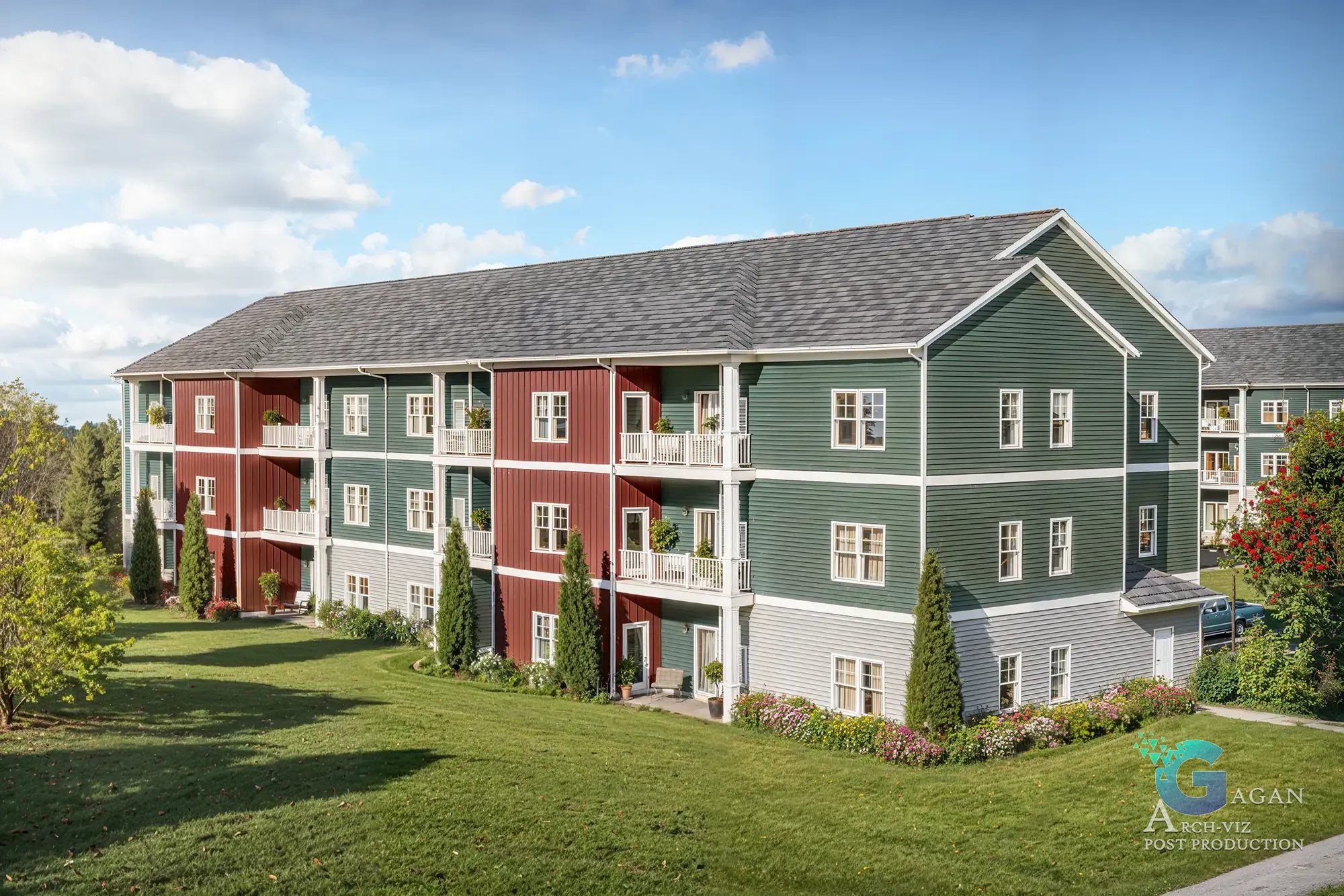 3D render of a multi-story residential building with red, green, and white exterior, landscaped surroundings, balconies with plants, and a clear sky