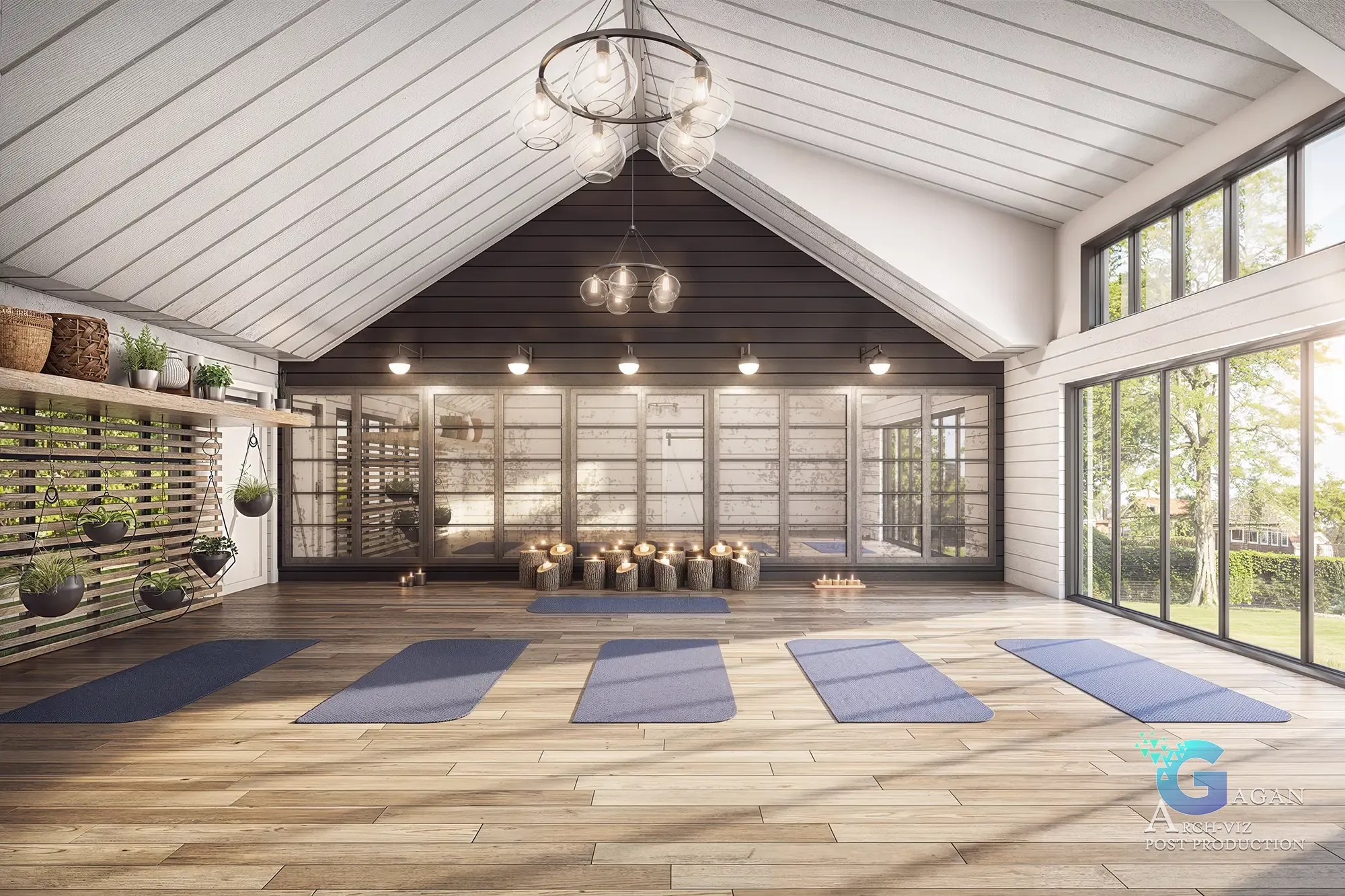 Serene yoga room with blue mats, vaulted white ceiling, potted plants, and natural light streaming through large windows.