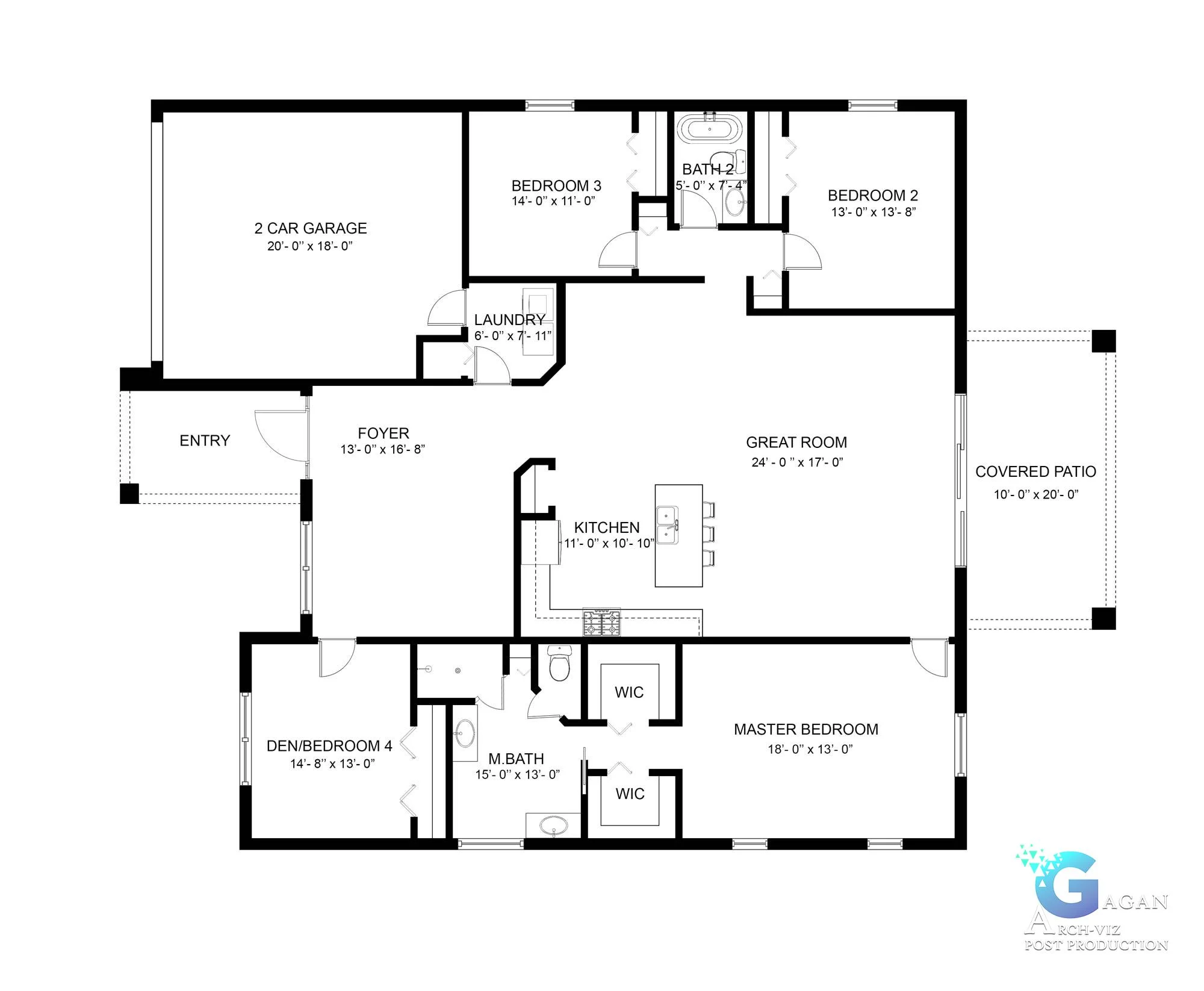 Detailed 2d house floor plan rendering showcasing room layouts with labeled dimensions, including bedrooms, kitchen, garage, and living areas.