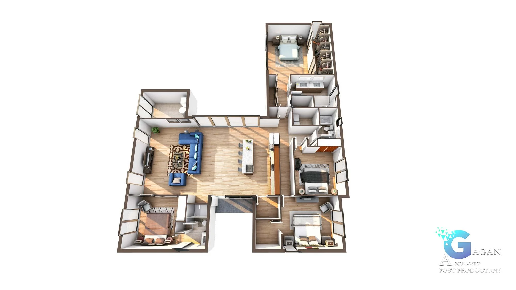 3d rendering of Modern apartment floor plan showcasing three bedrooms, an open kitchen, a spacious living room, bathrooms, and a laundry area, thoughtfully designed for comfort and functionality.