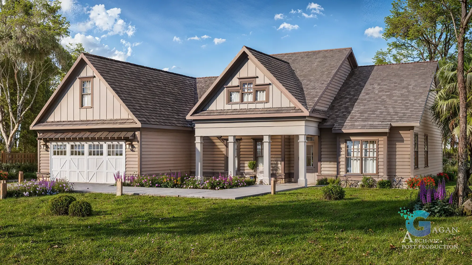 "3D render of a beige house with a shingled roof, large garage, covered porch, lush garden, and realistic textures