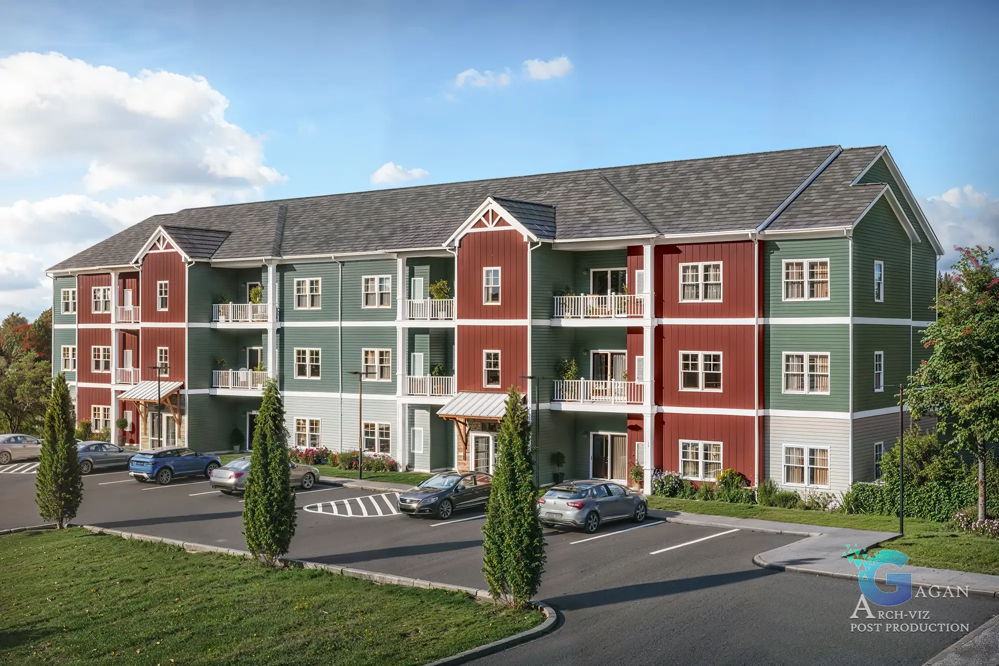 "3D render of a three-story residential building Greenville Mich-villa with red and green walls, balconies, windows, cars parked in a landscaped parking area
