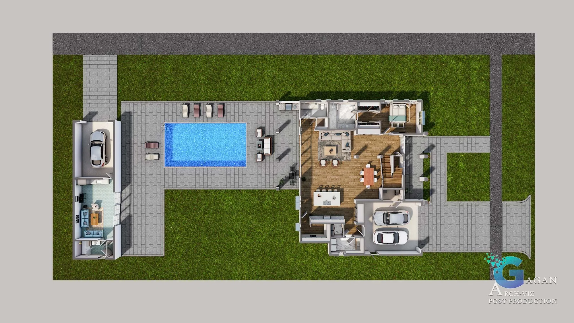 Guest House Floor Plan rendering blue swimming pool, landscape area, wooden plank in rooms with all furniture