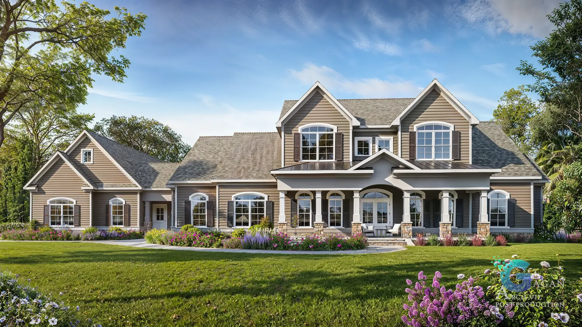 3D render of a two-story house with a shingled roof, symmetrical design, central porch with columns, and landscaped yard with flowers and shrubs Henderson Park architectural designs House Plan