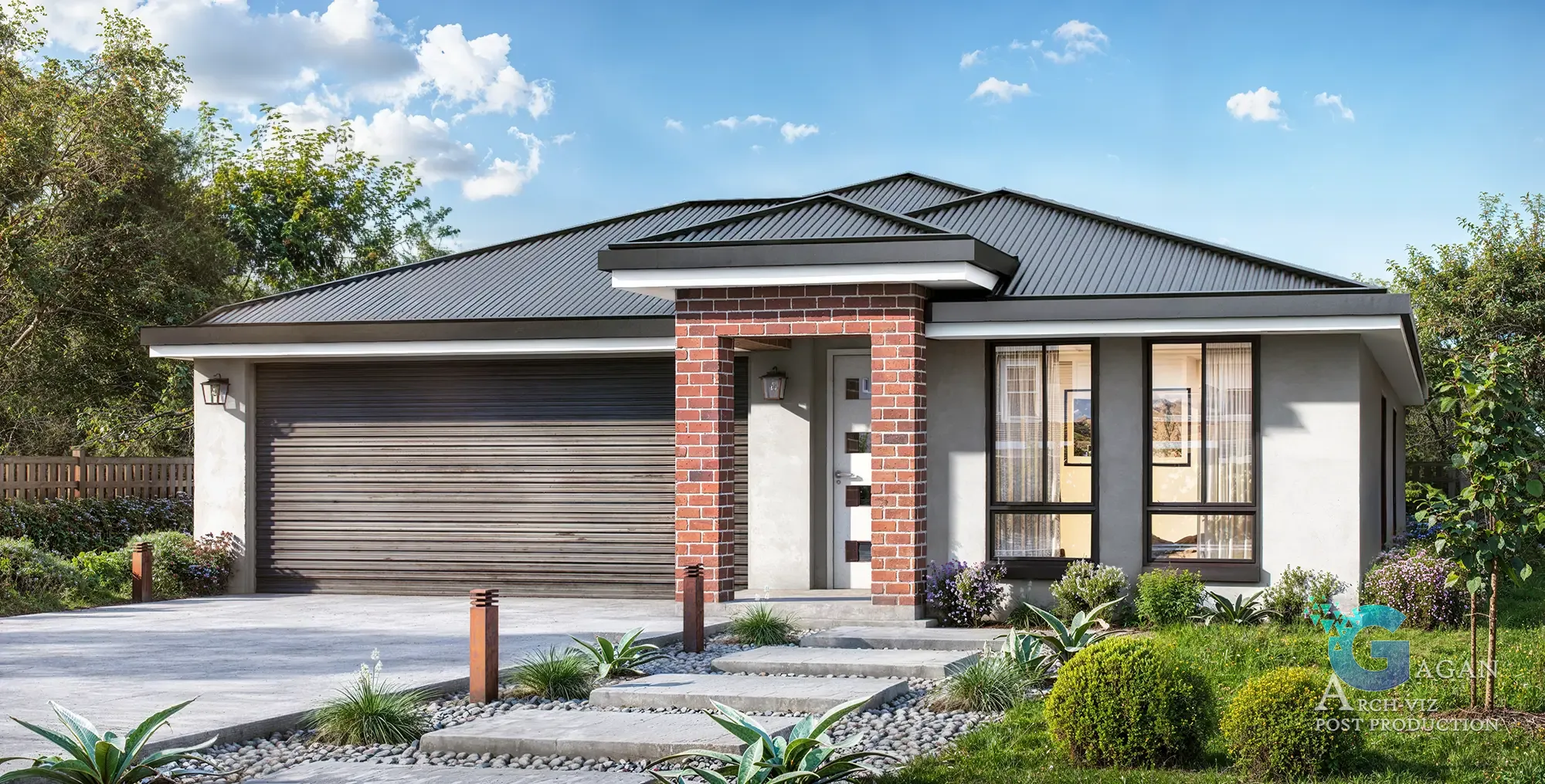 3D render of a modern single-story house with a dark metal roof, brick and light walls, large garage, landscaped yard, and concrete driveway