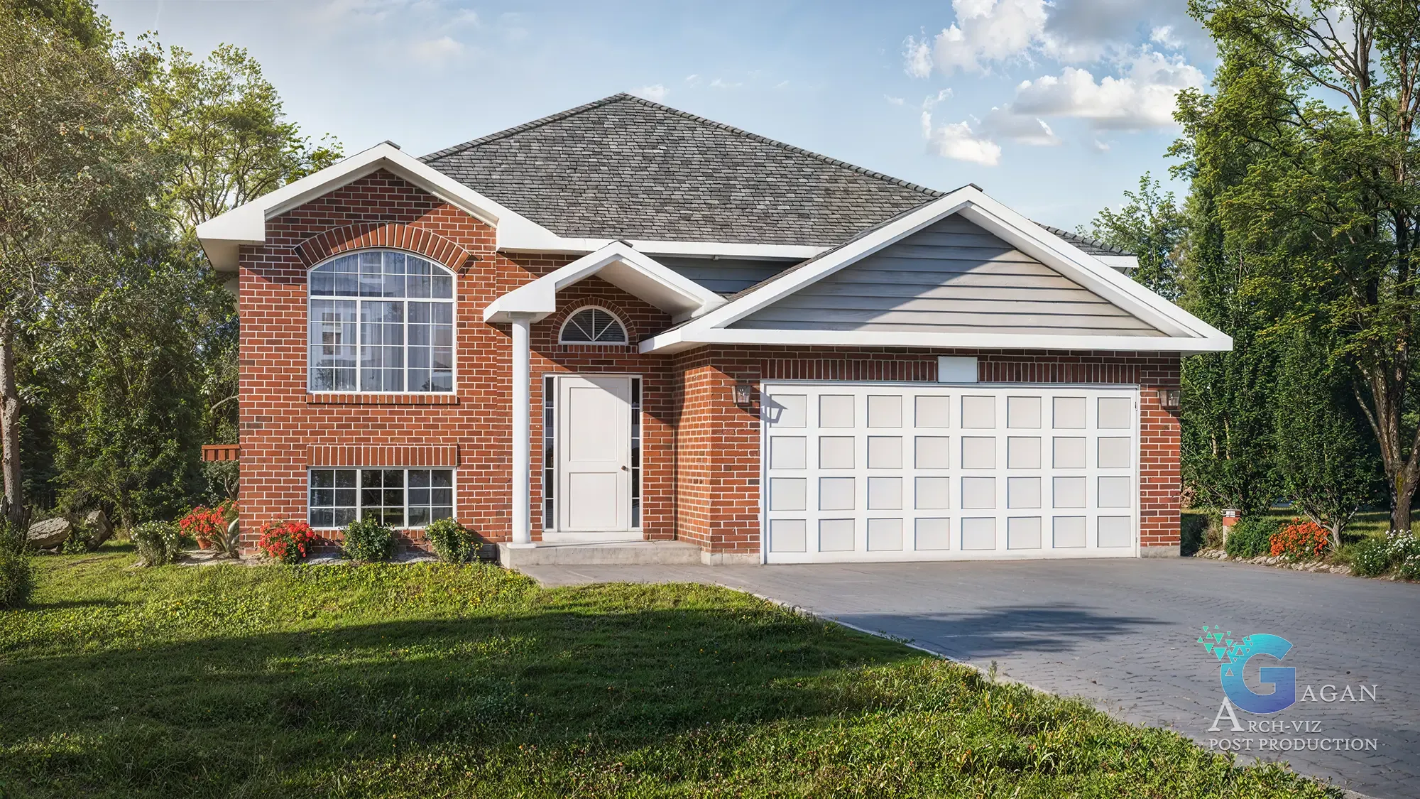"3D render of a brick house with a gray shingled roof, large windows, garage, landscaped lawn, and shrubs, Home estates house design