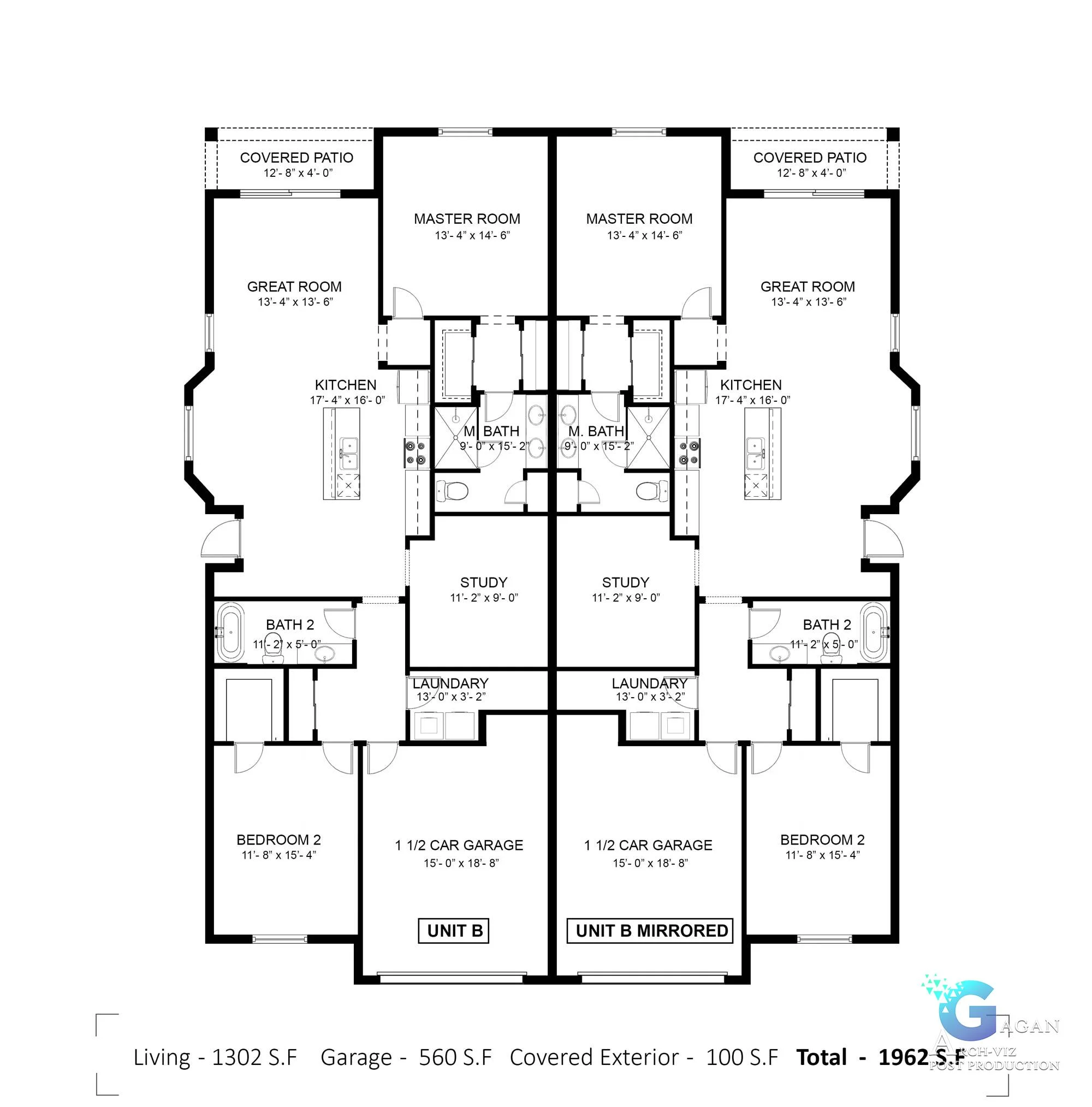 Home plans design 2d style contemporary with all dimensions of the room written