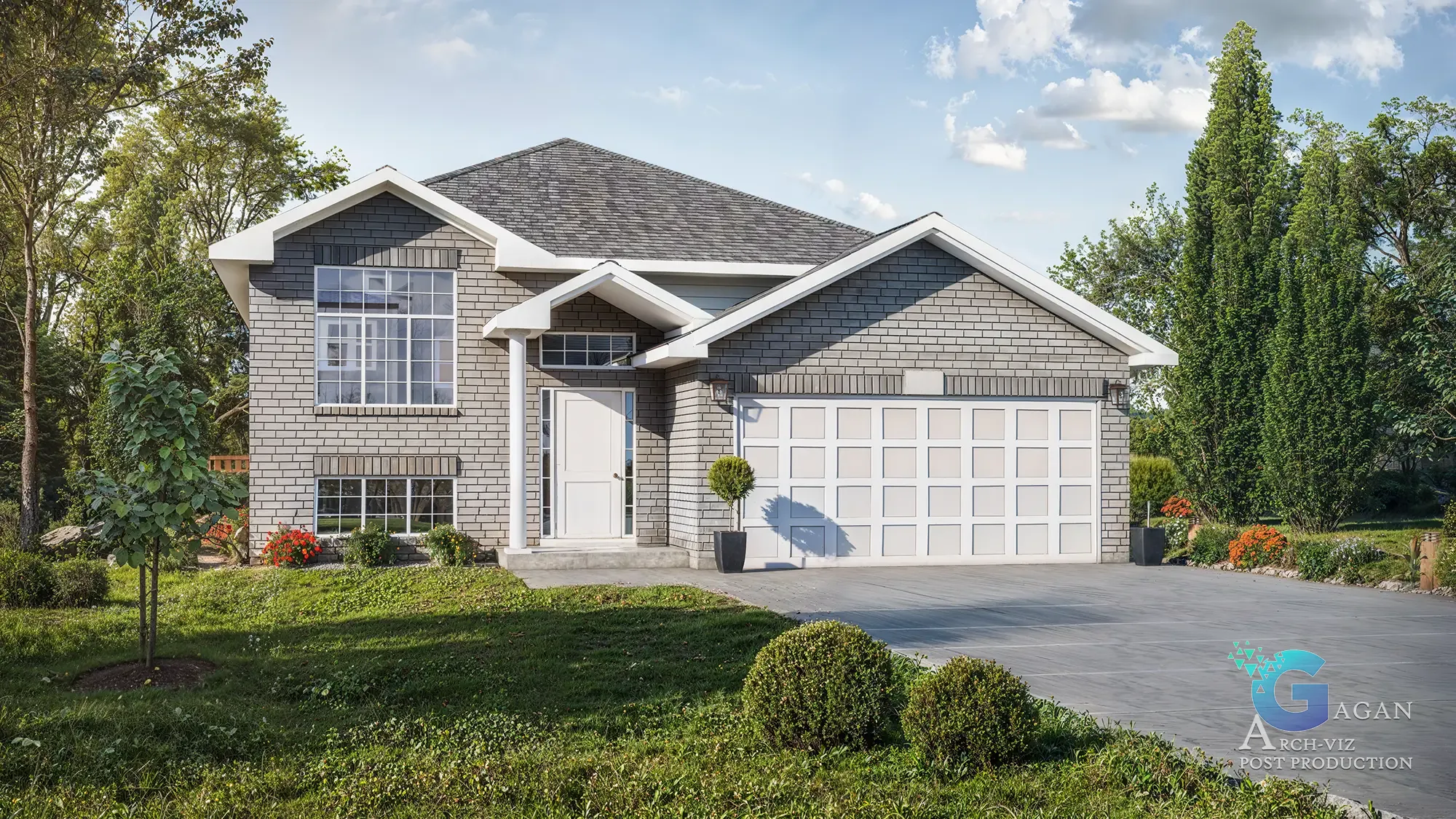 3D render of a modern suburban house with a gray brick facade, gabled roof, landscaped front yard, and realistic lighting, Leewood-building-development homes