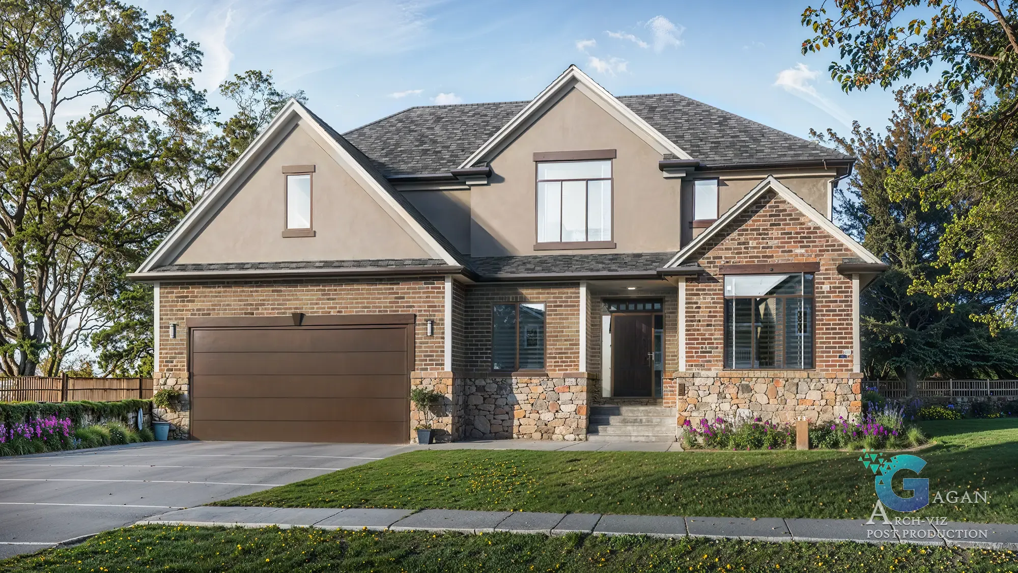 Photorealistic 3D architectural rendering of a modern two-story house Mediterra-Homes with brick, stone, and stucco exterior, featuring a gabled roof, large garage, wooden front door with glass panels, landscaped garden, and a concrete driveway,