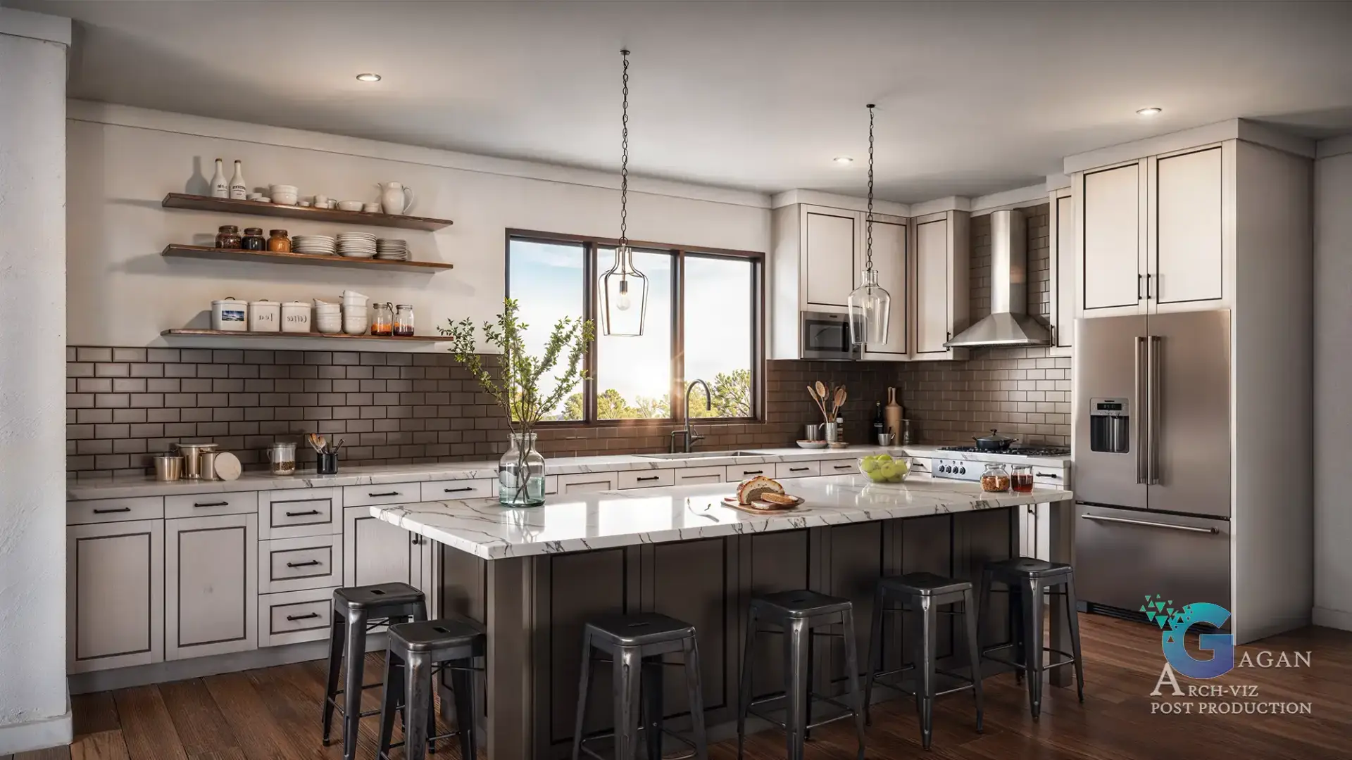 Modern kitchen with stainless steel appliances, marble island, and bar stools. Open shelving displays jars and pottery. Sunlight enters through a large window above the sink 3d rendering.