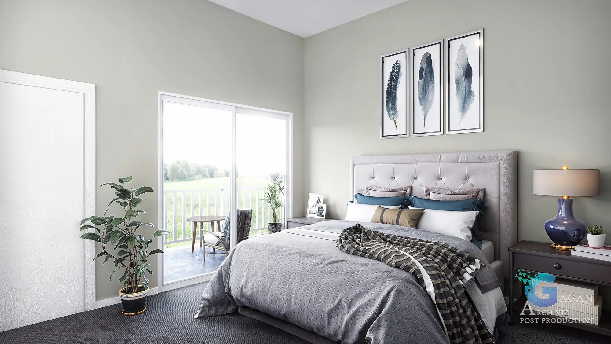 Modulo bedroom 3d visualization rendering of bedroom white white wall, grey bedding in middle, grey carpet on floor, sunlight from large window