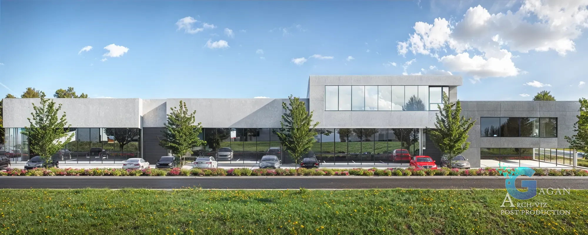 3D rendering of a modern commercial building with minimalist architecture, large glass windows, vibrant landscaping, and parked vehicles under a sunny sky, Oostkaai-Park