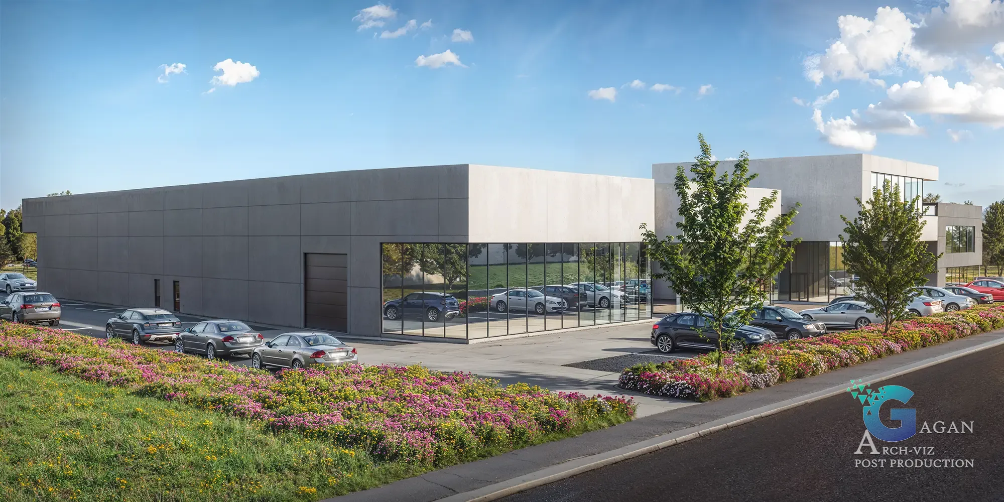 "Photorealistic 3D render of a contemporary commercial building complex Oostkaai-Park with minimalist architecture, large glass windows, landscaped greenery, parking area, and realistic lighting