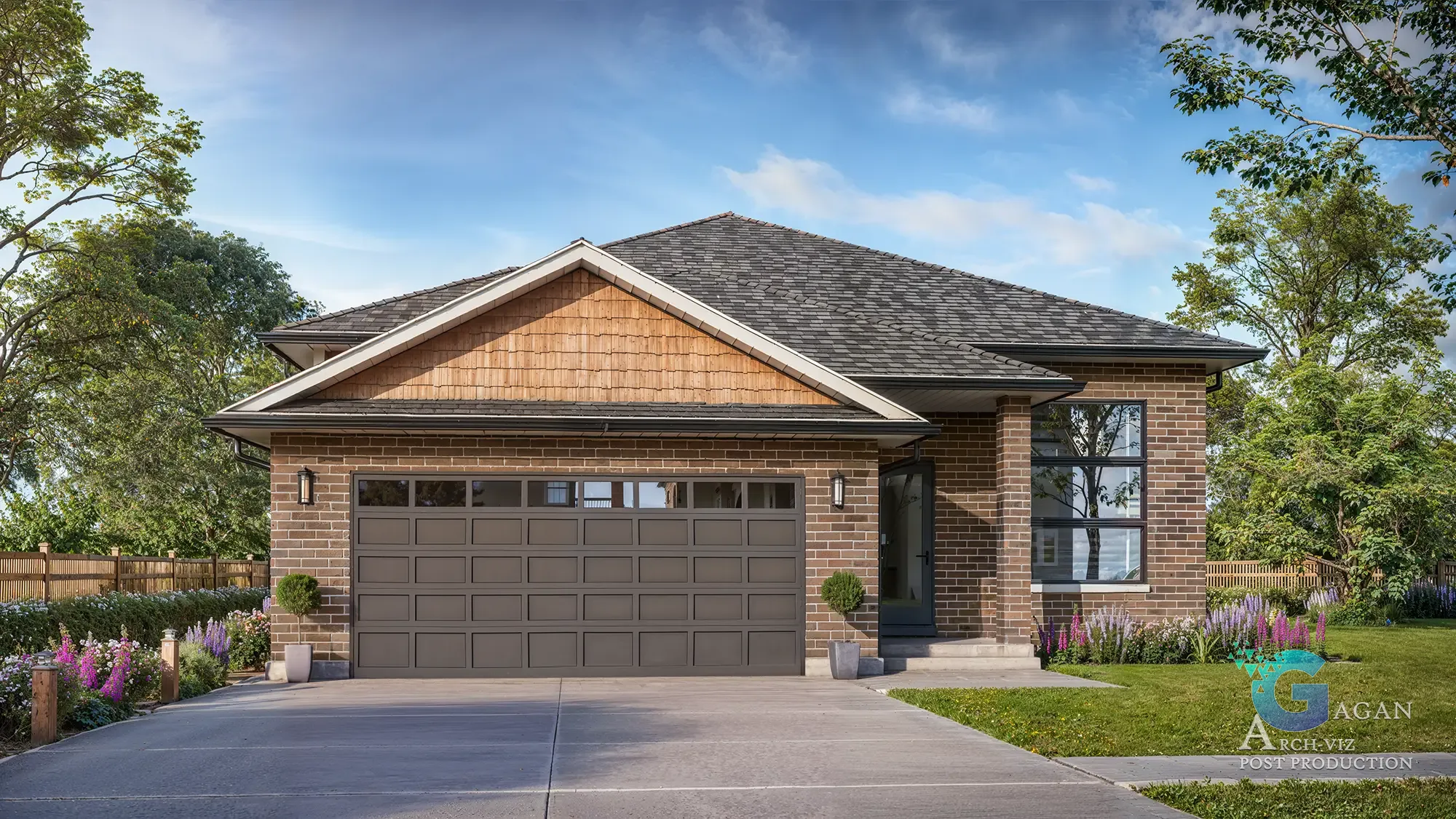 "3D rendering of a modern single-story house Orion with a brick facade, gable roof, landscaped garden, and a double garage, created by Gagan Archviz Post Production