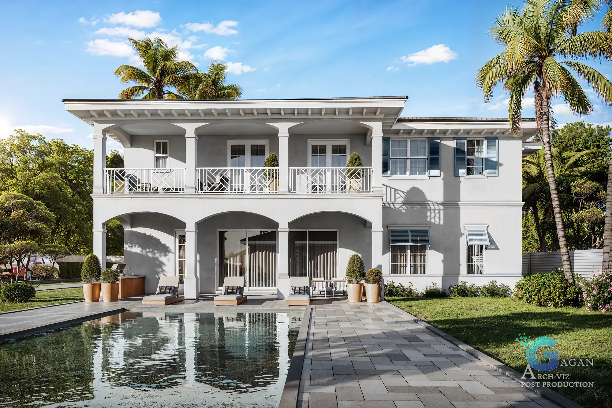 Photorealistic 3D rendering of a modern two-story house featuring white exterior walls, large windows, arched patio openings, a tiled poolside deck, and lush greenery, emphasizing architectural detail and realistic visualization.
